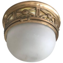 Early 1900s Large French Bronze and Glass Flush Mount / Ceiling Light Fixture