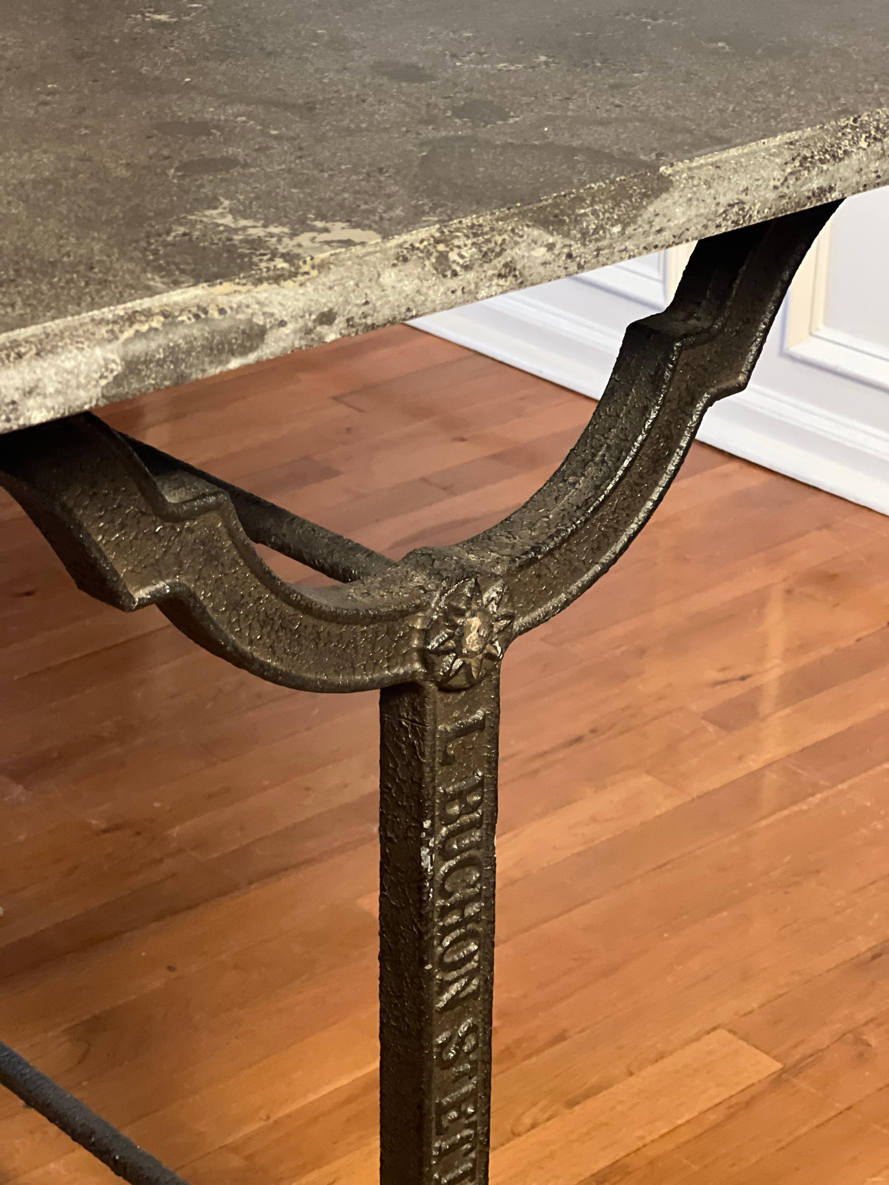 Early 1900s Long French Bistro Table with Stone Top and Iron Base by L. Buchon For Sale 5