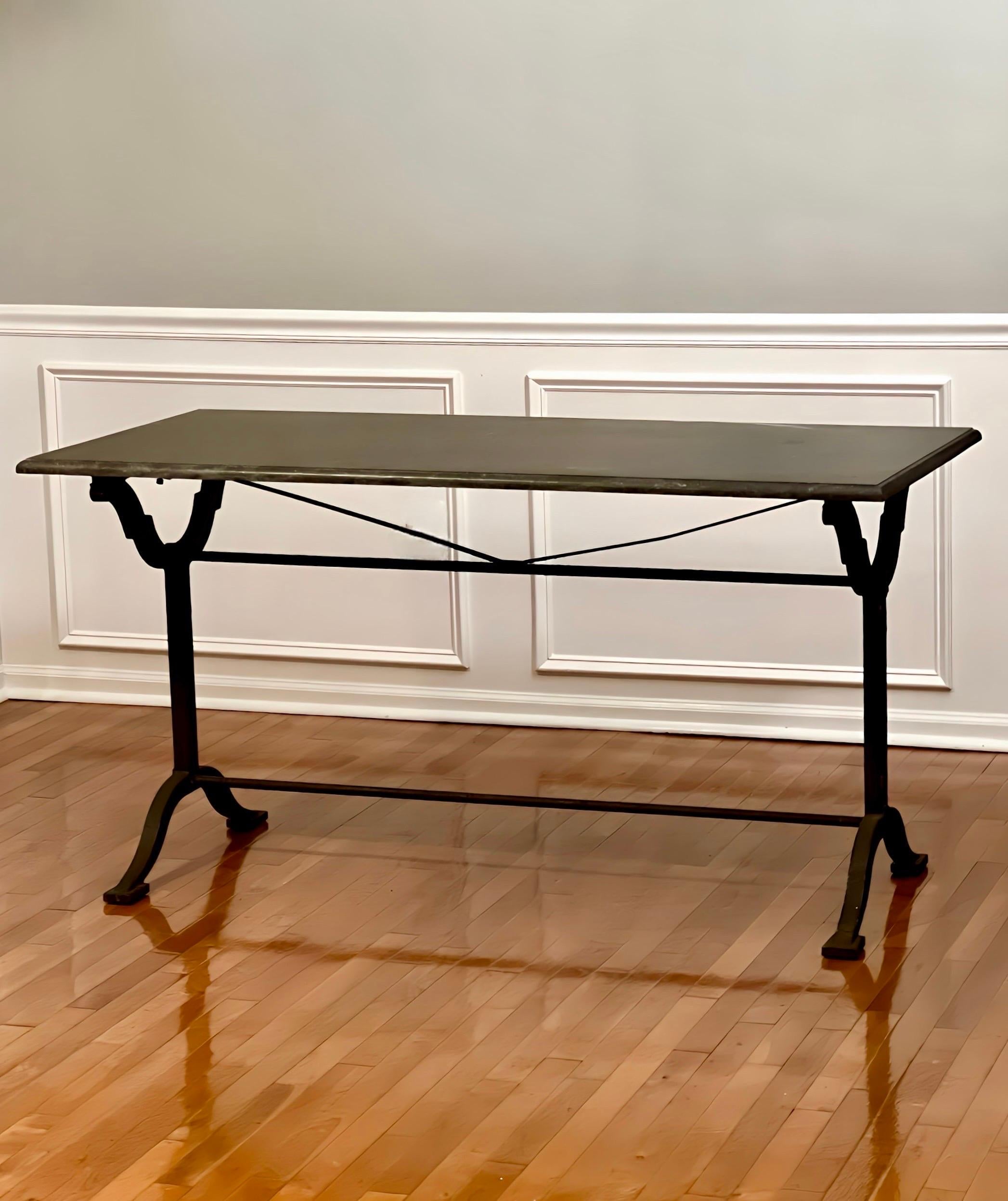 Art Deco Early 1900s Long French Bistro Table with Stone Top and Iron Base by L. Buchon For Sale