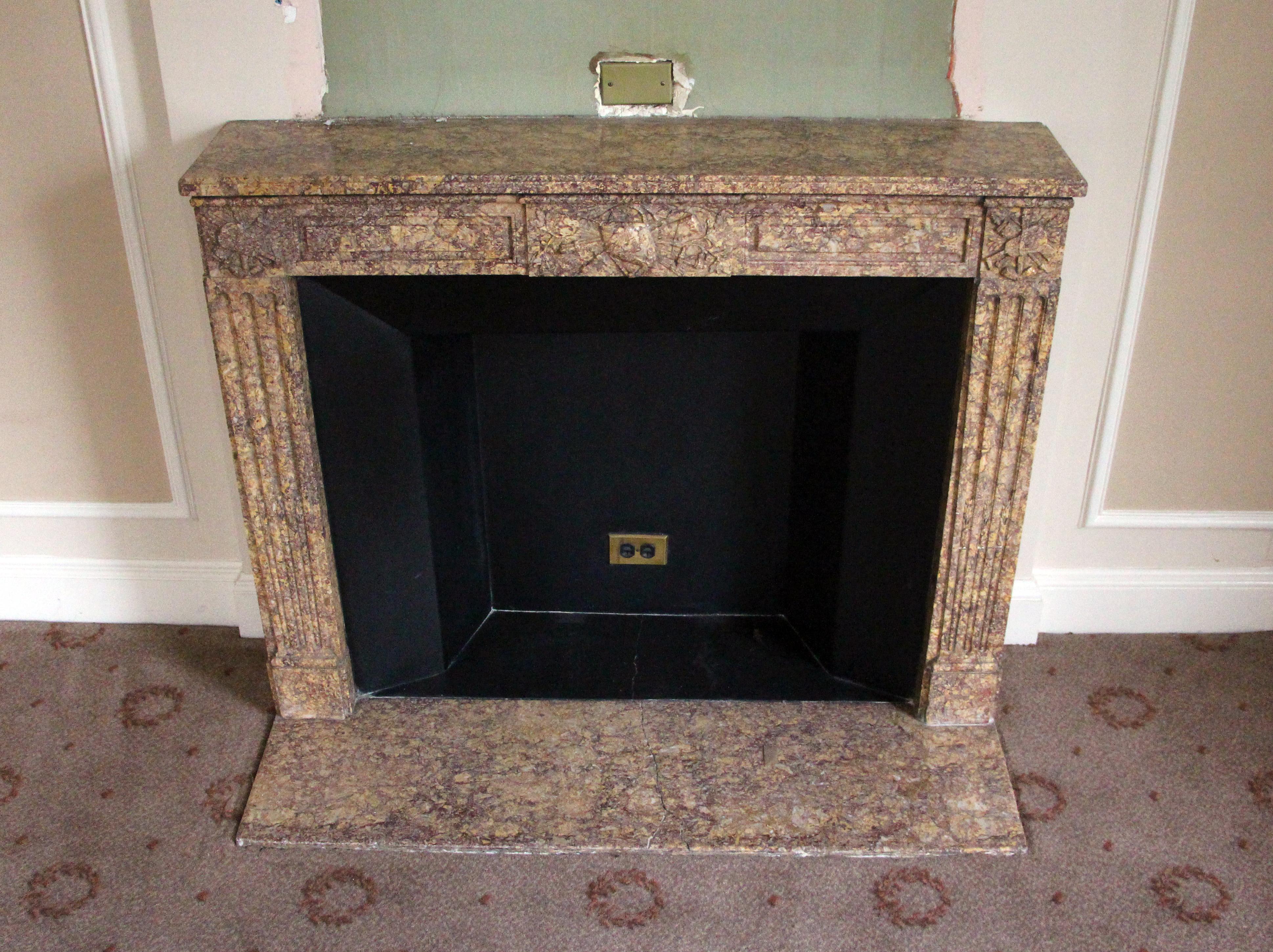 Hand-Carved Waldorf Astoria Marble Mantel Louis XVI Style Regency Carved Brown Marble For Sale