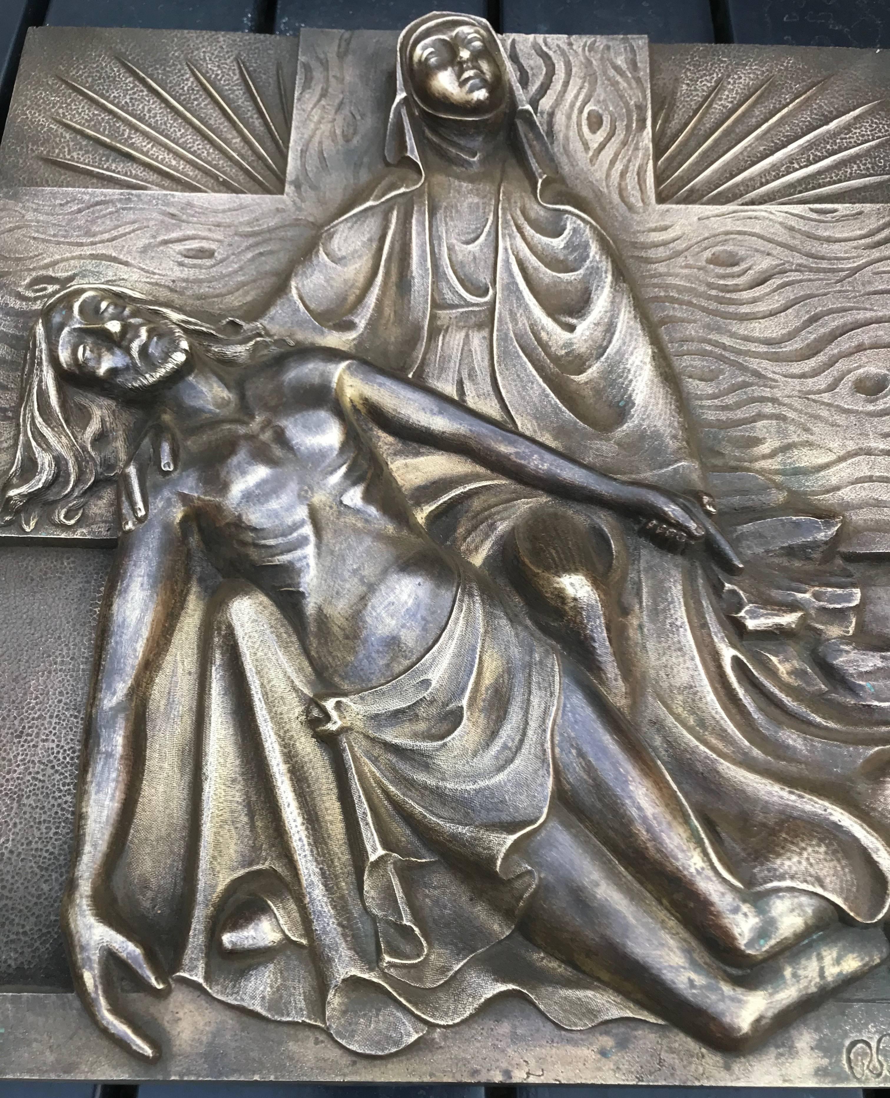 European Early 1900s Marked Art Deco Period Bronze Relief Wall Plaque Depicting the Pieta For Sale
