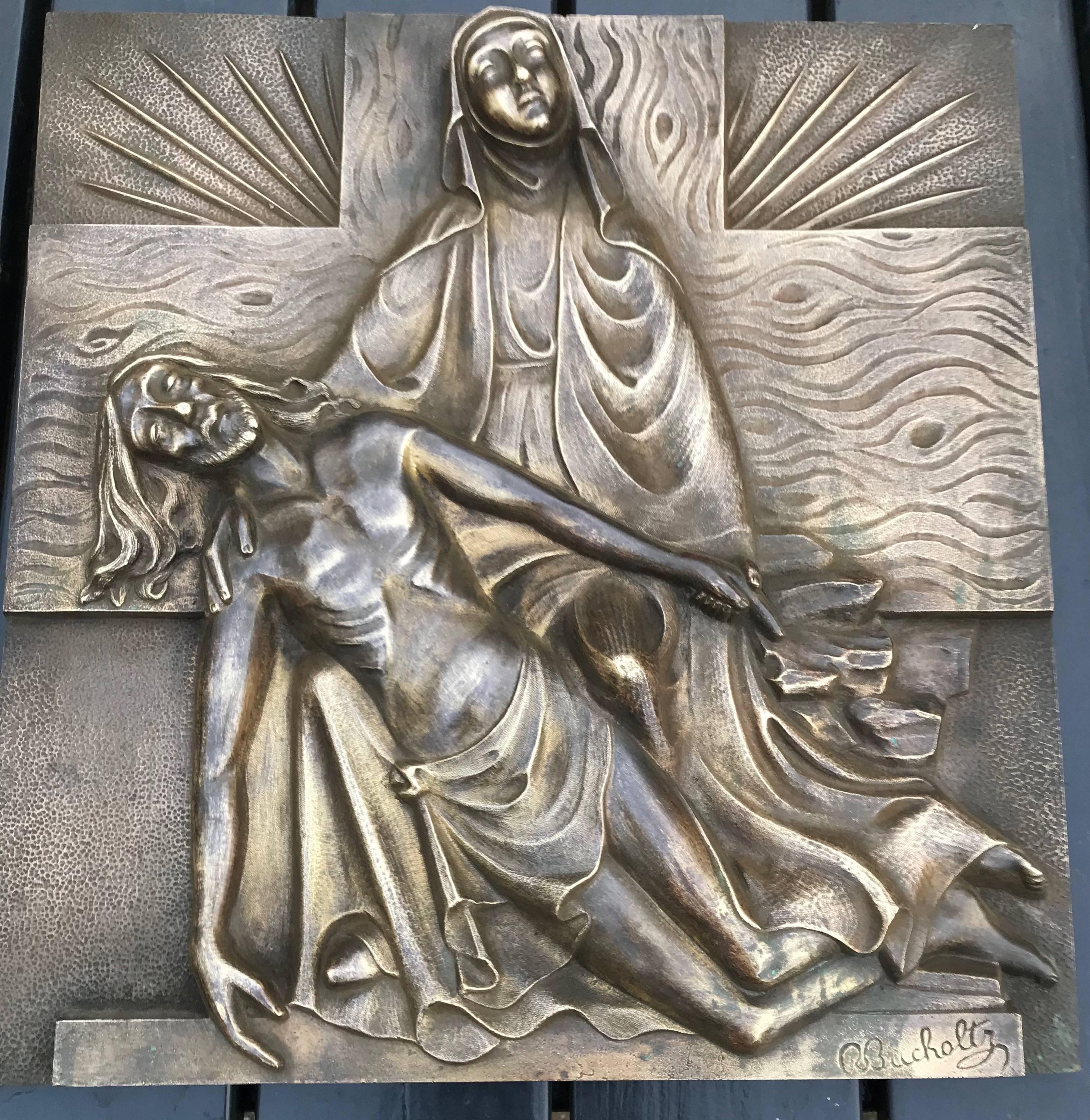 Early 1900s Marked Art Deco Period Bronze Relief Wall Plaque Depicting the Pieta For Sale 1
