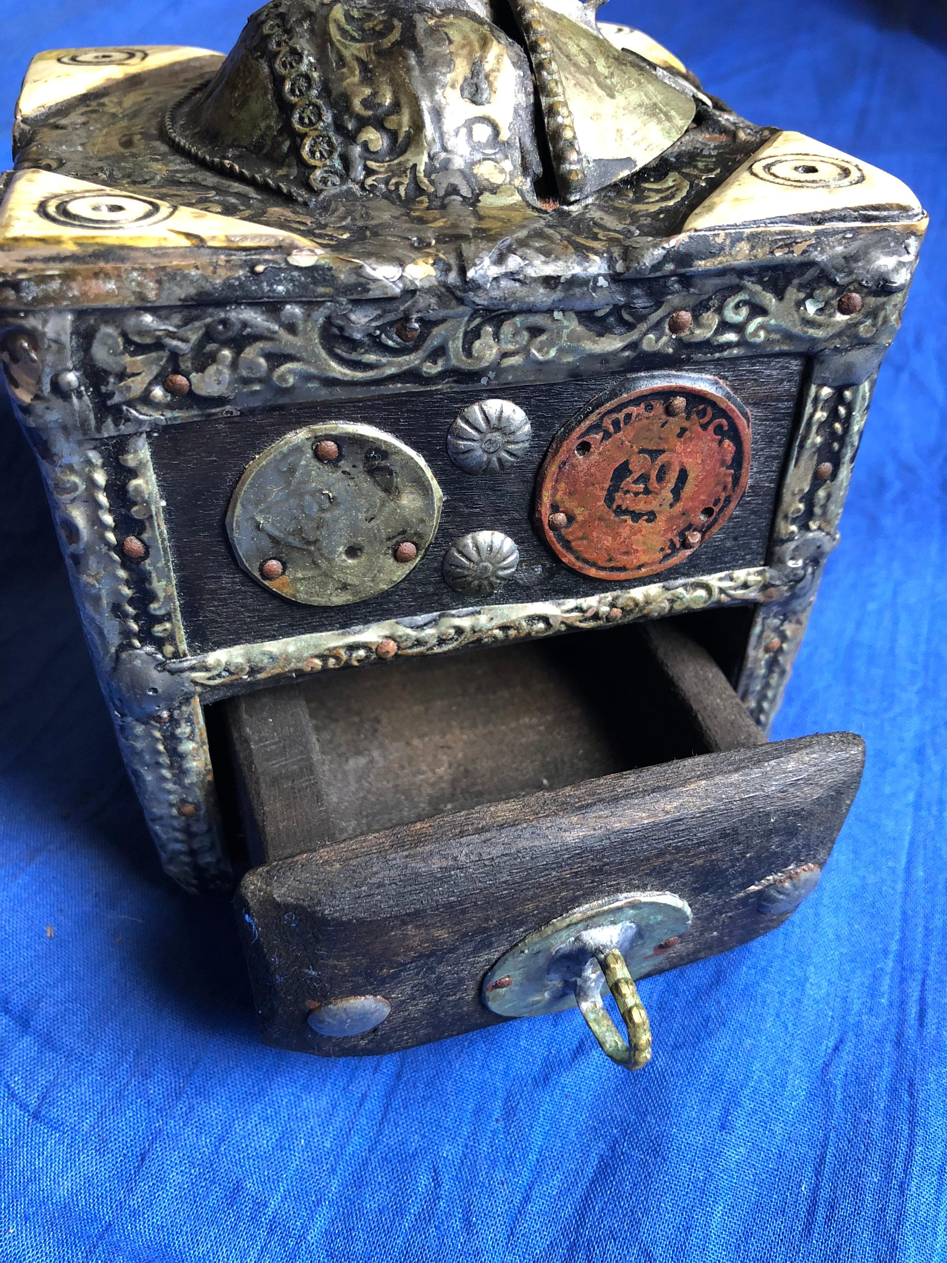 Early 1900s Moroccan Coffee Hand-Grinder Ebony, Silver, Camel Bone, Coins In Good Condition In Vineyard Haven, MA
