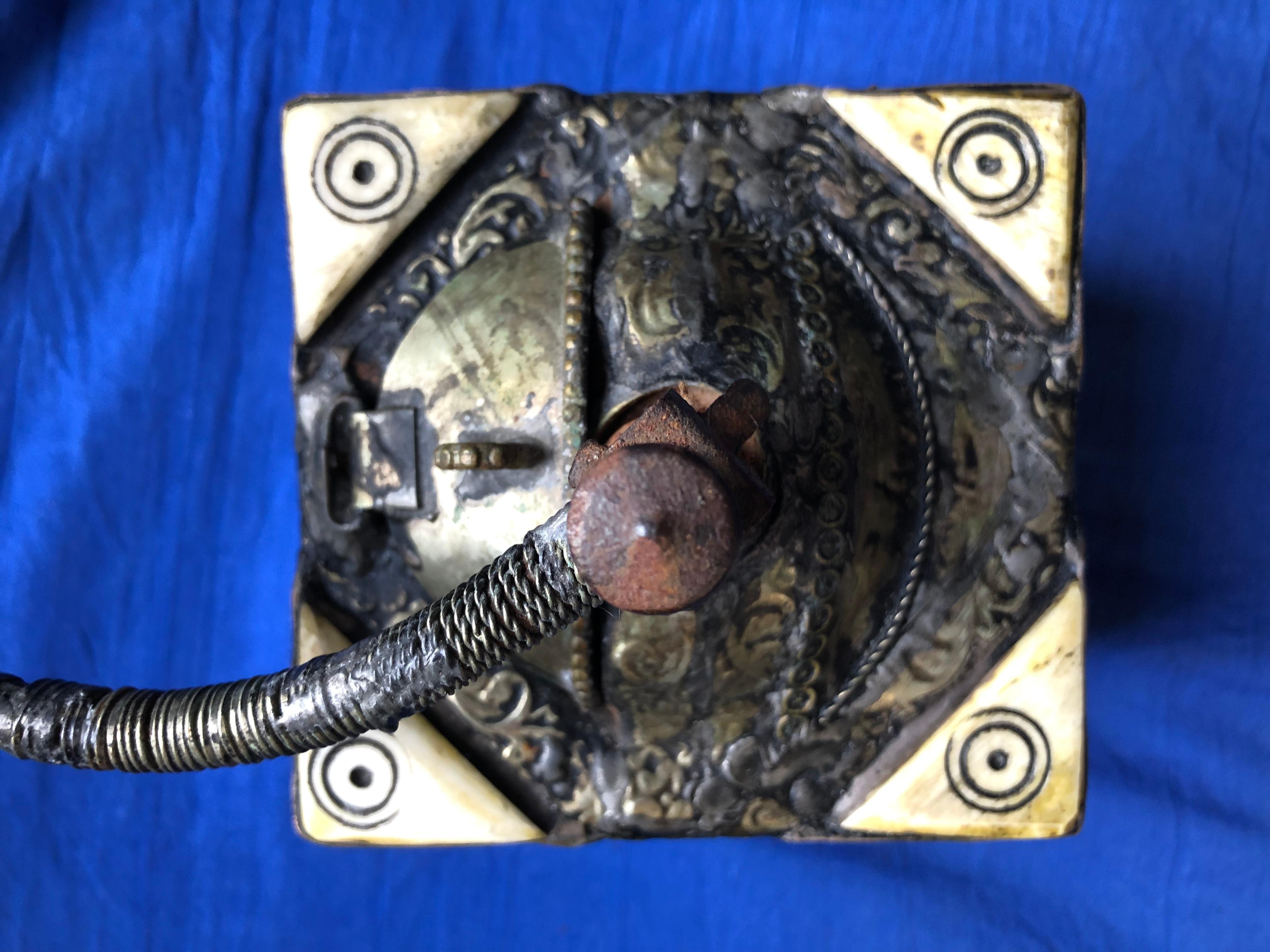 20th Century Early 1900s Moroccan Coffee Hand-Grinder Ebony, Silver, Camel Bone, Coins