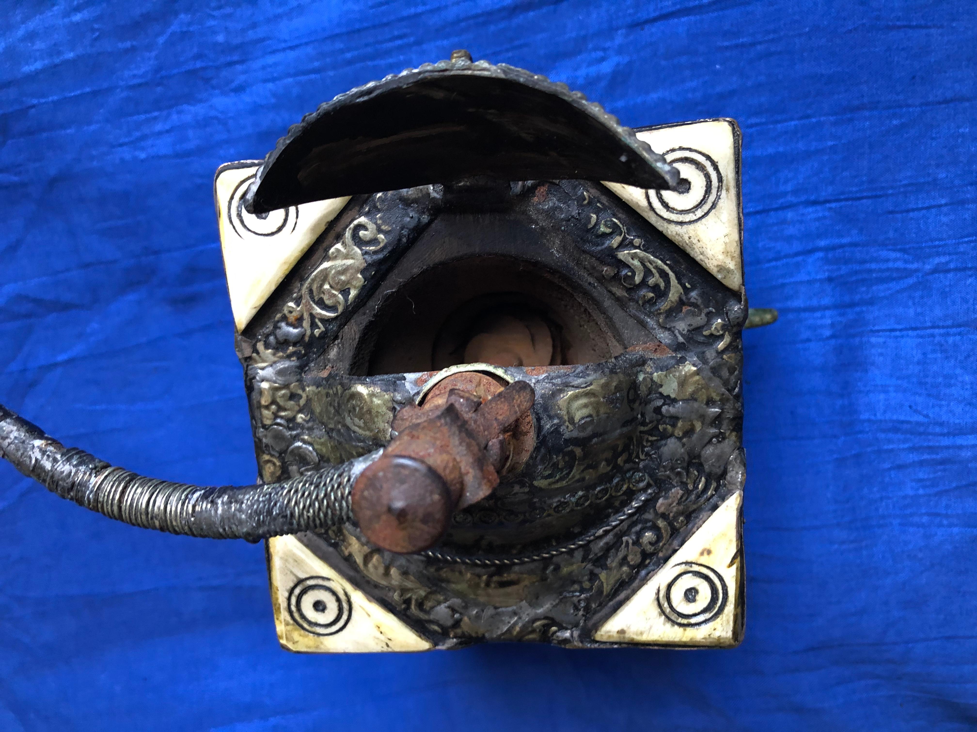 Early 1900s Moroccan Coffee Hand-Grinder Ebony, Silver, Camel Bone, Coins 1