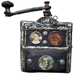 Antique Early 1900s Moroccan Coffee Hand-Grinder Ebony, Silver, Camel Bone, Coins