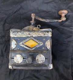 Early 1900s Moroccan Hand Crank Coffee Grinder Silver, Brass Coins Functional