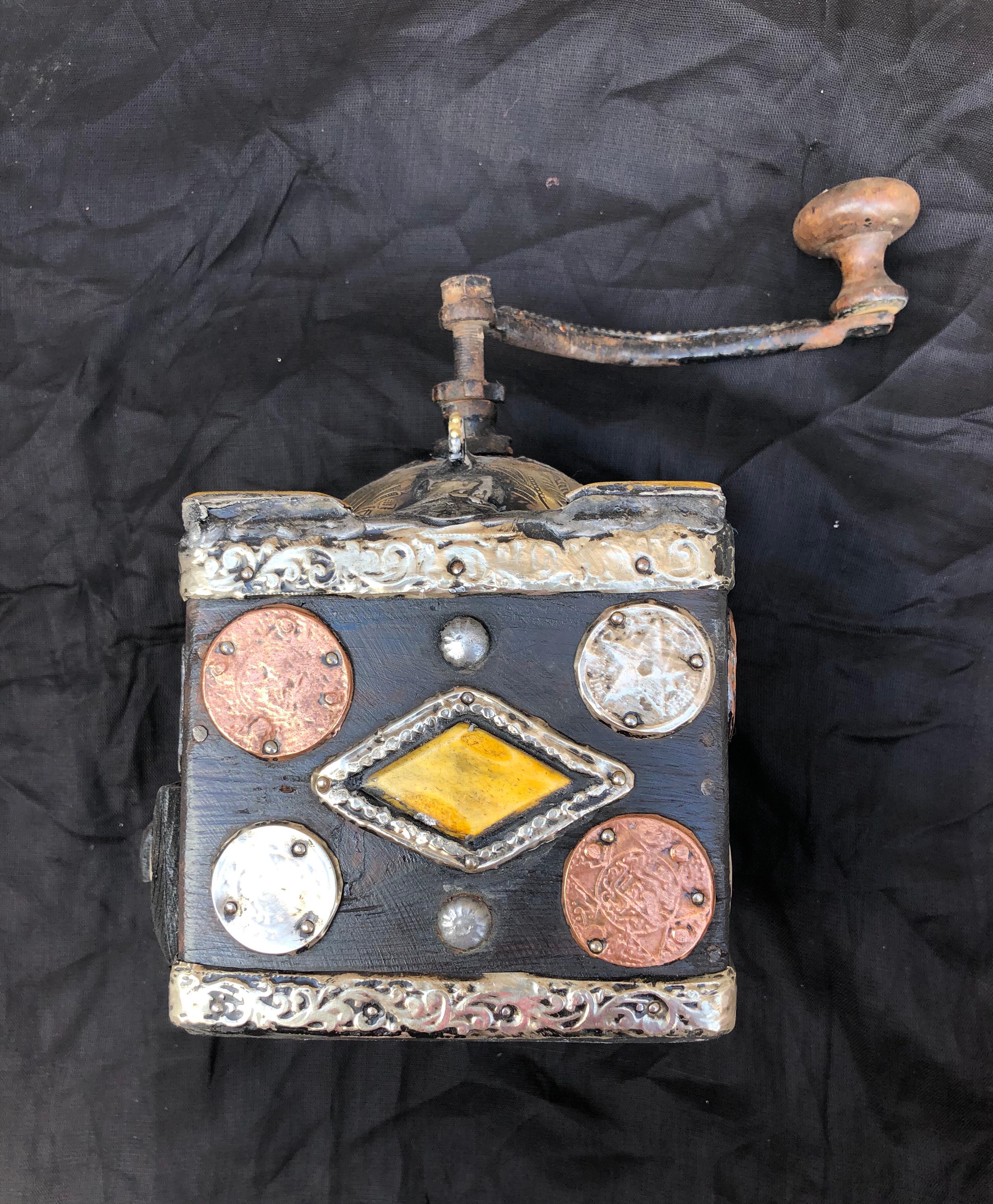 Tribal Early 1900s Moroccan Hand Crank Coffee Grinder Silver, Brass Coins Functional