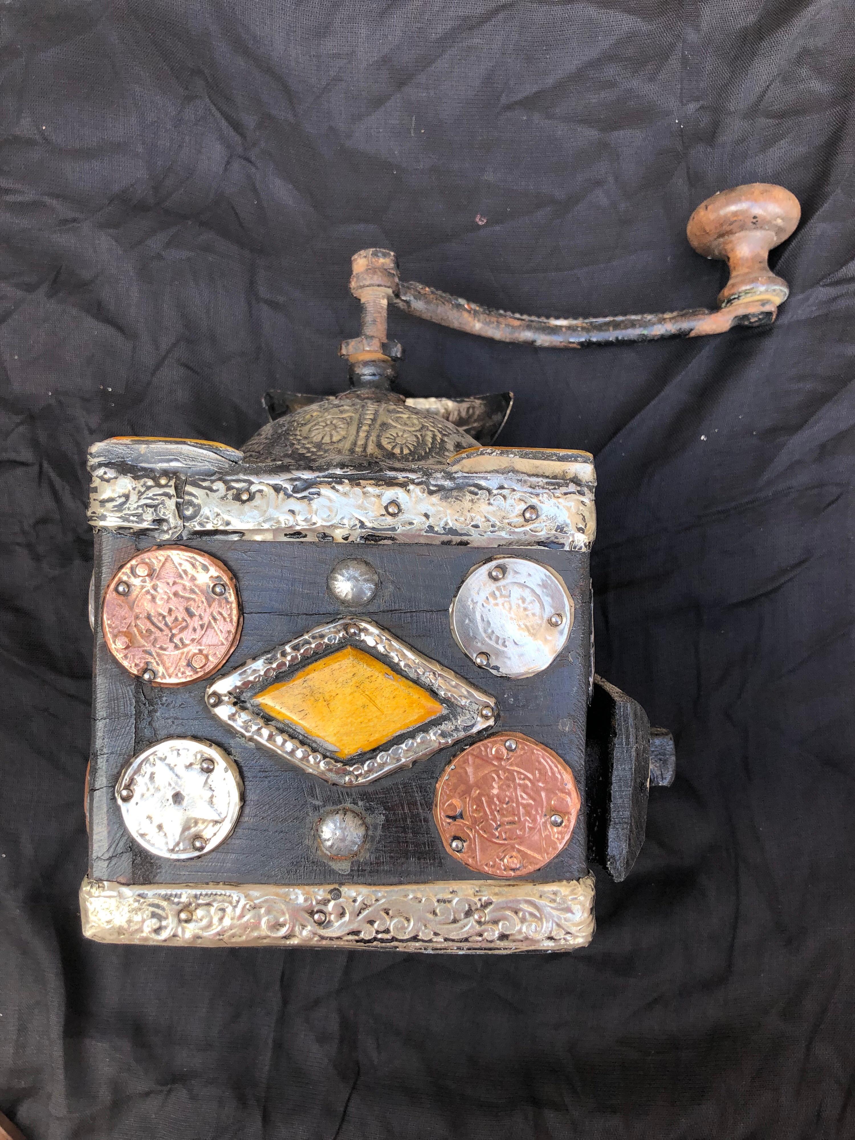 Early 1900s Moroccan Hand Crank Coffee Grinder Silver, Brass Coins Functional In Good Condition In Vineyard Haven, MA