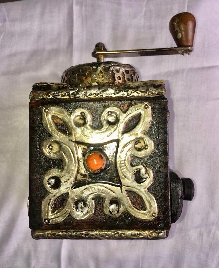 Tribal Early 1900s Moroccan Hand-Crank Coffee Grinder Silver, Brass Coins Functional For Sale