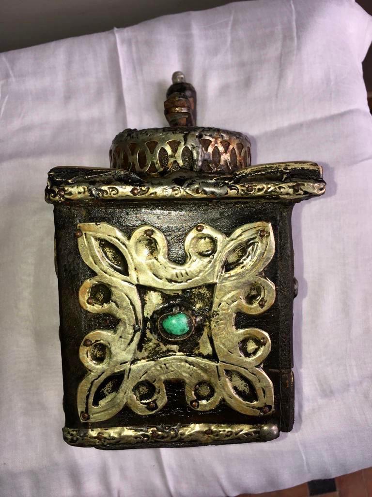 Early 1900s Moroccan Hand Crank Coffee Grinder Silver, Brass Coins Functional In Good Condition For Sale In Vineyard Haven, MA