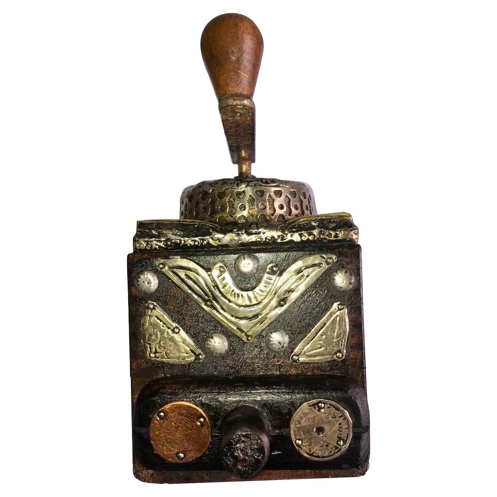 Early 1900s Moroccan Hand-Crank Coffee Grinder Silver, Brass Coins Functional For Sale