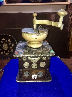 Early 1900s Moroccan Hand Crank Coffee Grinder Silver, Ebony, Coins Functional