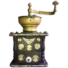 Early 1900s Moroccan Hand Crank Coffee Grinder Silver, Ebony, Coins Functional