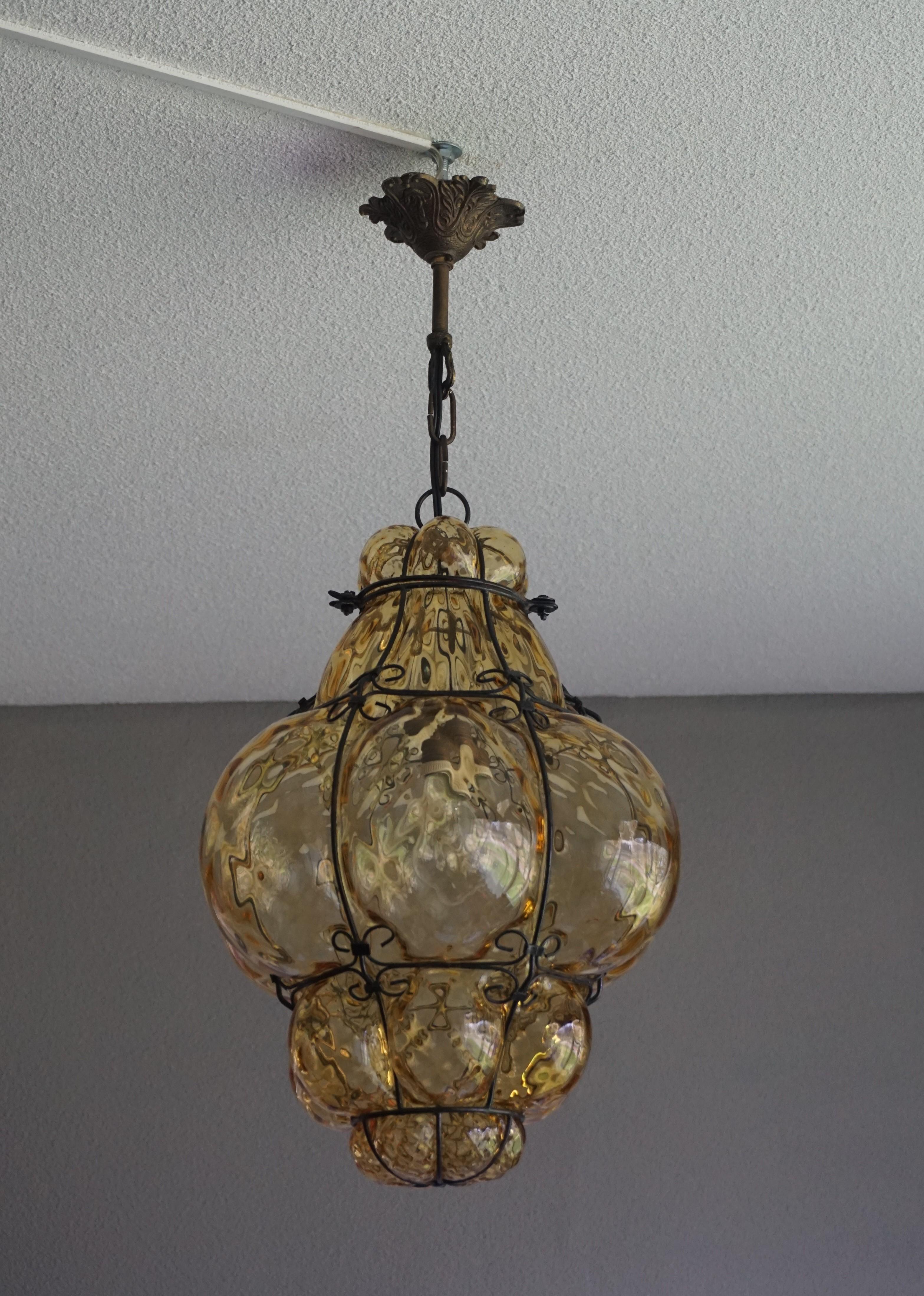 Early 1900s Mouthblown Amber Glass in Iron Frame Venetian Pendant or Chandelier 5