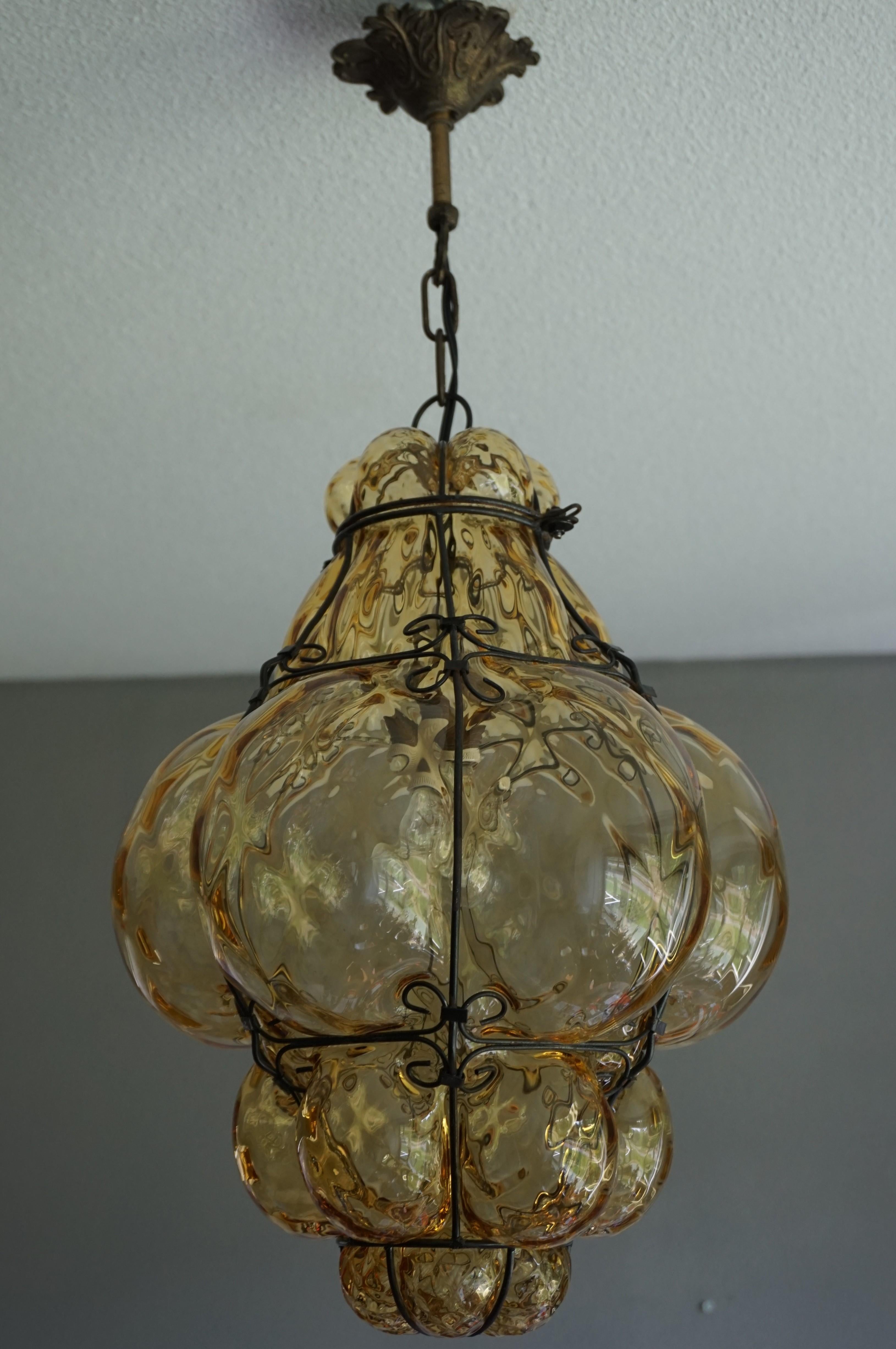 Early 1900s Mouthblown Amber Glass in Iron Frame Venetian Pendant or Chandelier 4