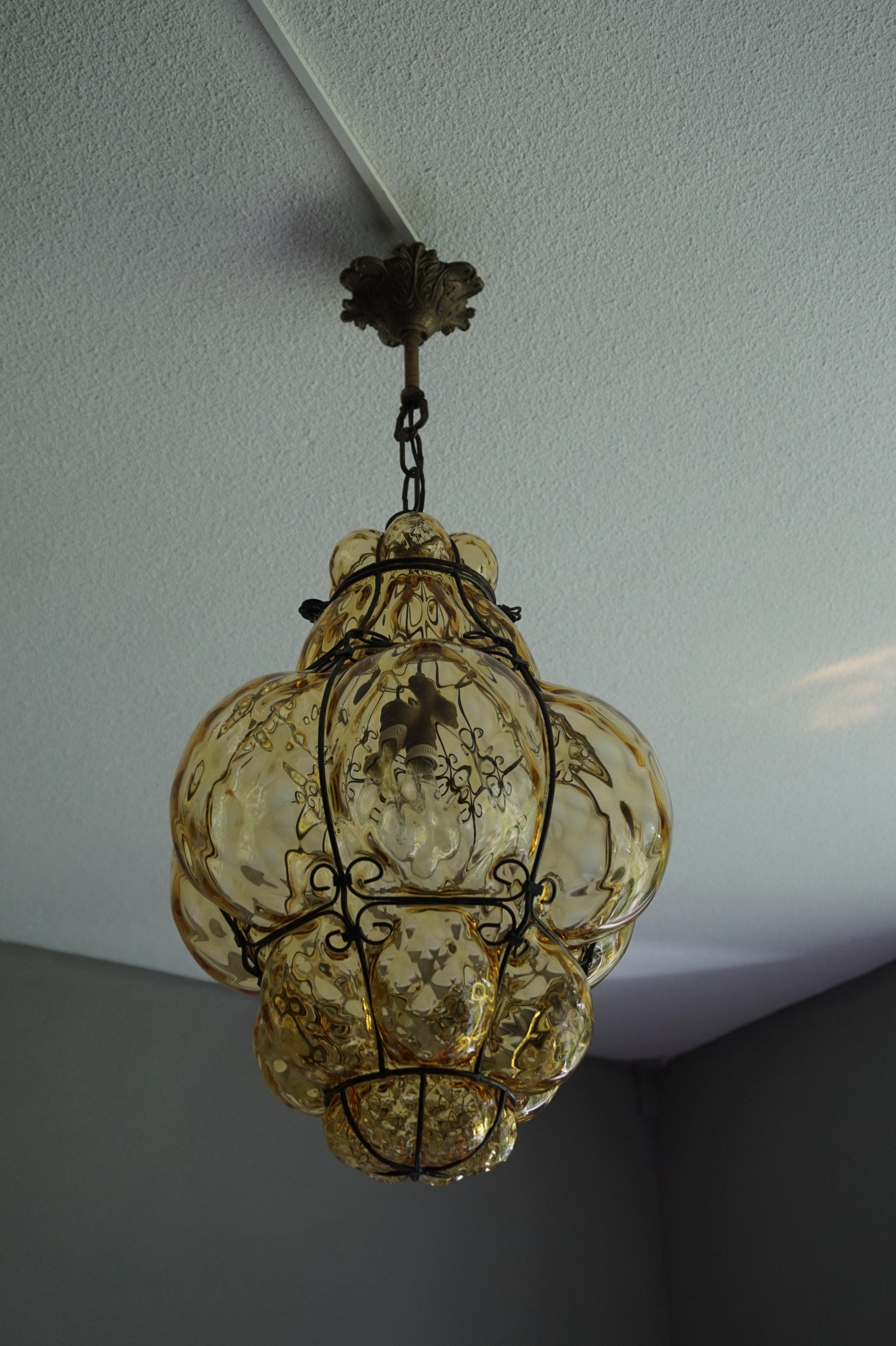 Early 1900s Mouthblown Amber Glass in Iron Frame Venetian Pendant or Chandelier 12