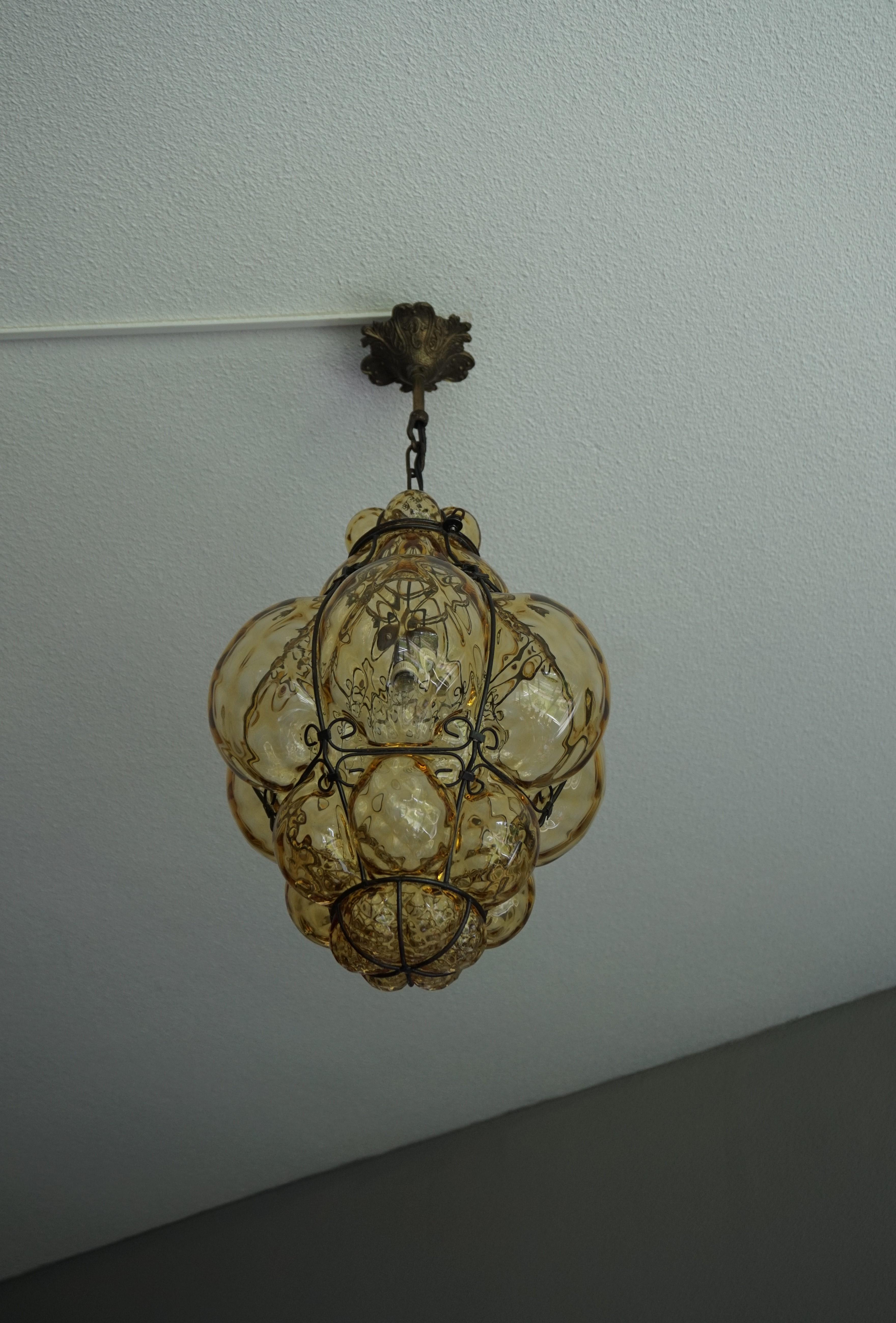 Hand-Crafted Early 1900s Mouthblown Amber Glass in Iron Frame Venetian Pendant or Chandelier