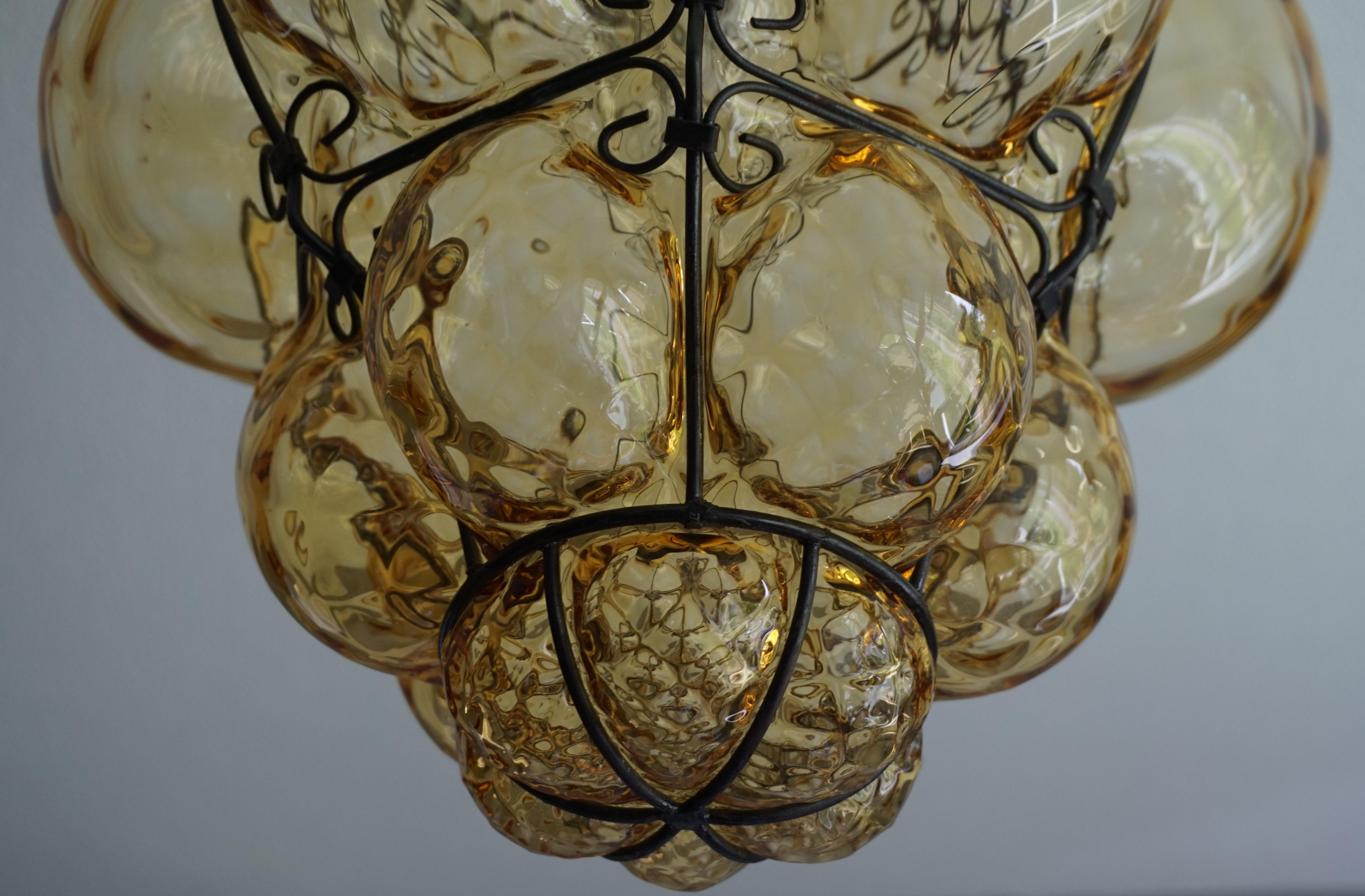 20th Century Early 1900s Mouthblown Amber Glass in Iron Frame Venetian Pendant or Chandelier