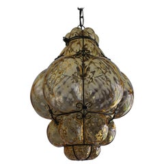 Early 1900s Mouthblown Amber Glass in Iron Frame Venetian Pendant or Chandelier