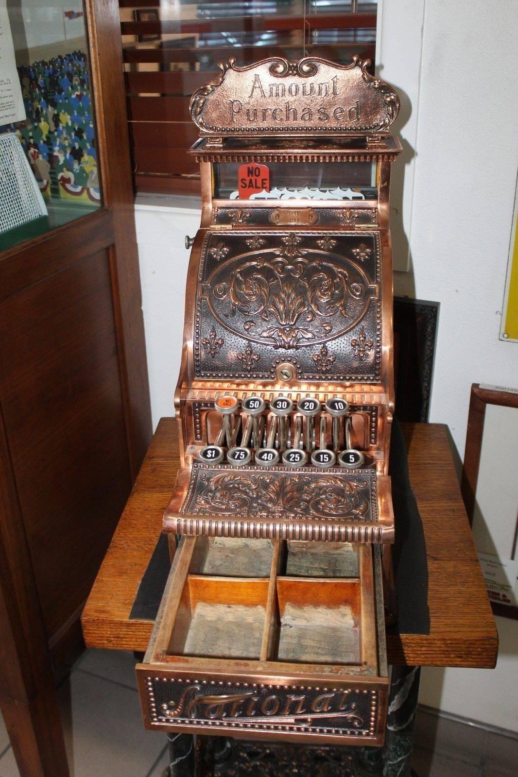 American Early 1900s National Cash Register Mod 211 Brass Vintage Candy Register & Stand For Sale