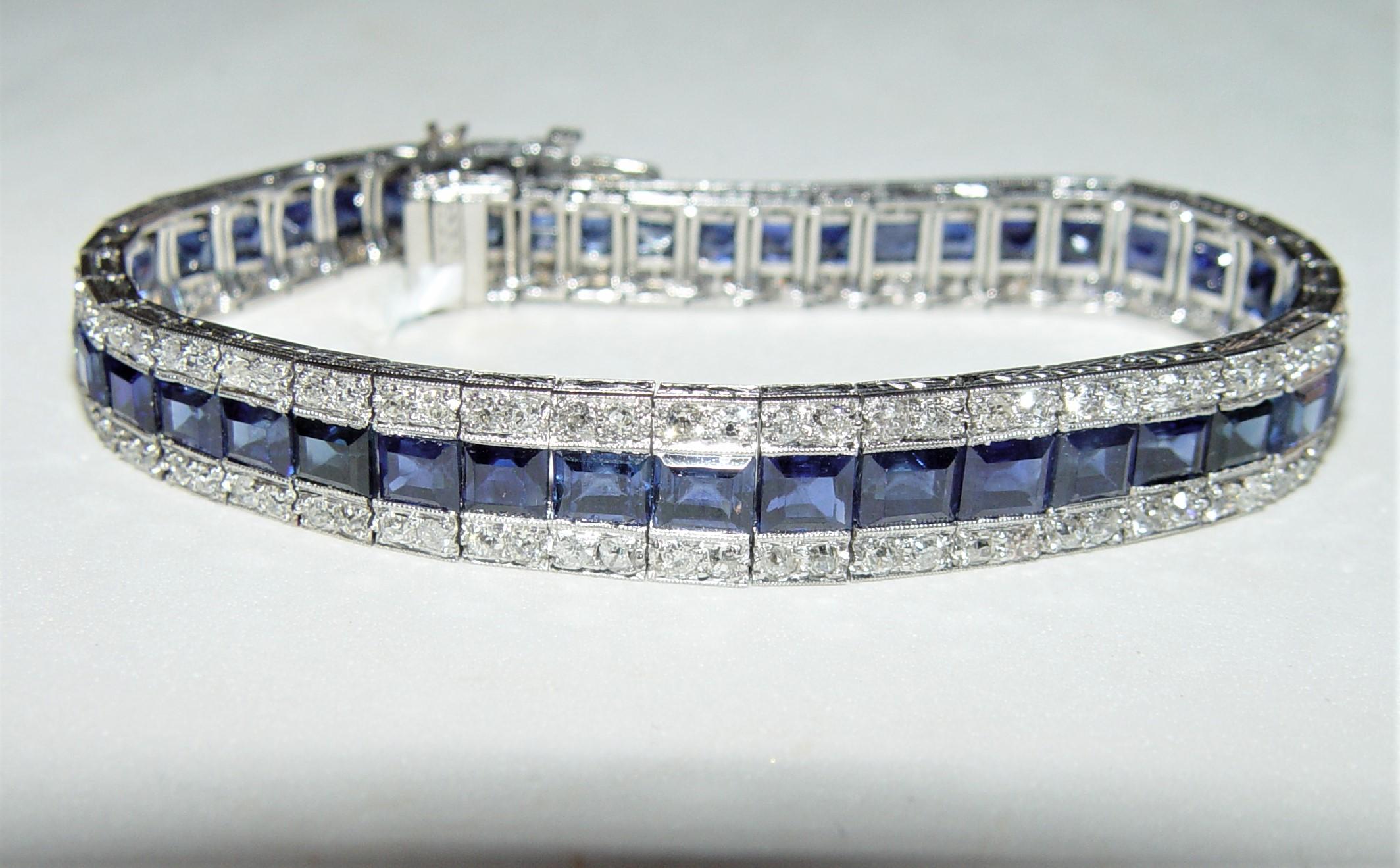 Early 1900's Natural Sapphire and Old mine Cut Diamond filigree bracelet, measuring 7