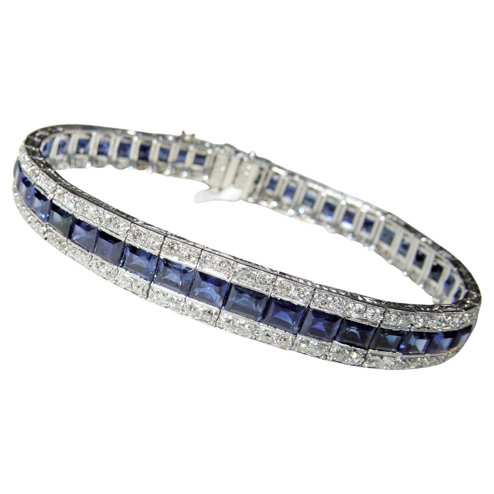 Early 1900's Natural Sapphire filigree Diamond bracelet 18K 7" For Sale