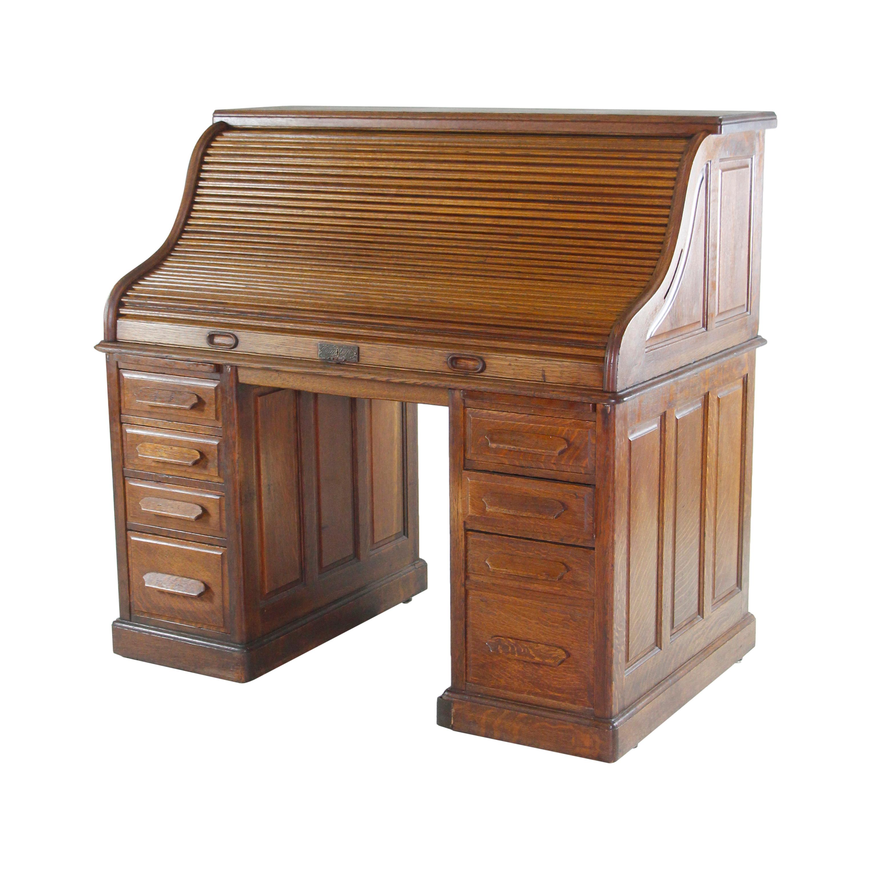Early 1900s Oak Roll Top Desk Tambour Front Desk Quigley Co For Sale at