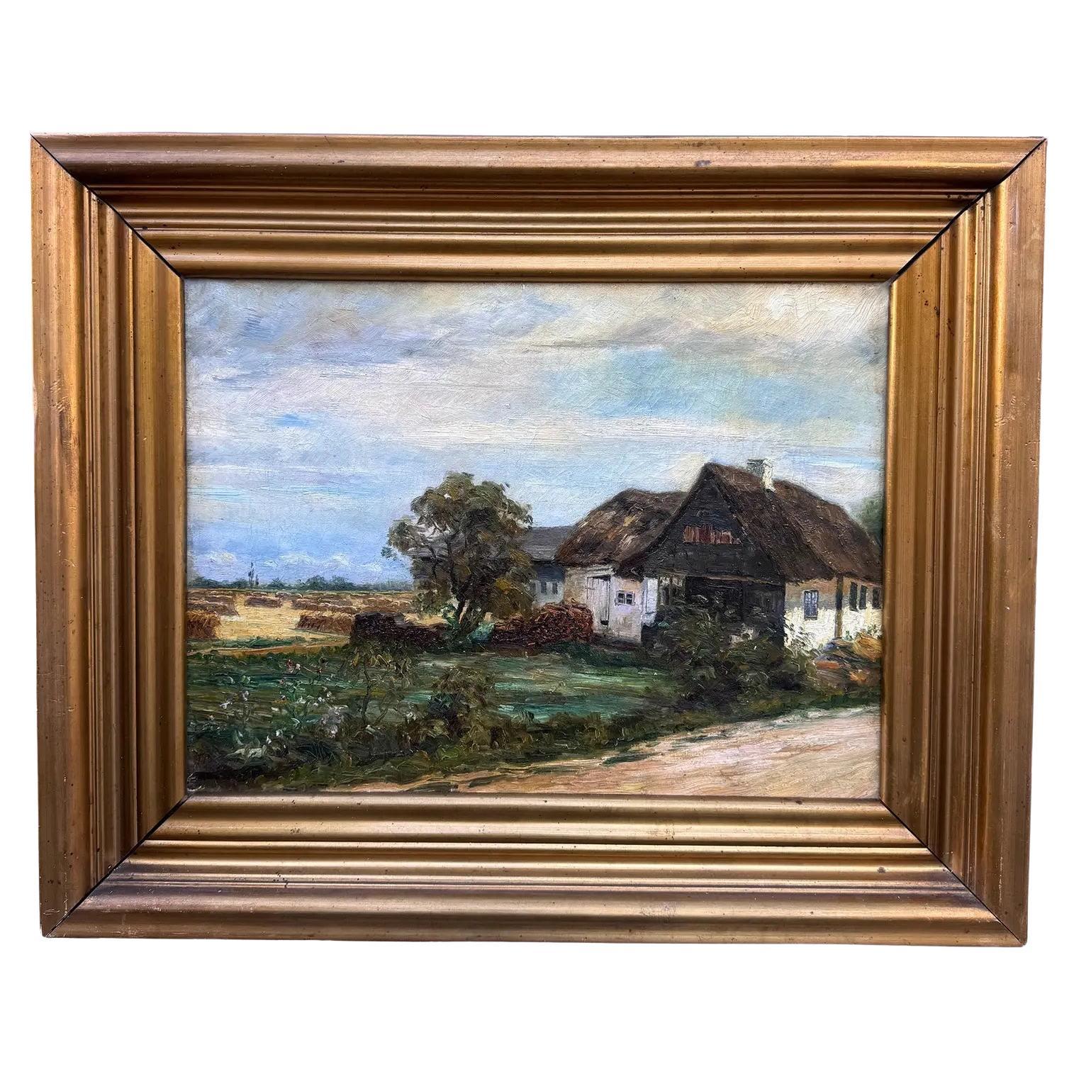 Early 1900's Oil Painting From Denmark, "Small Thatched Farmhouse"