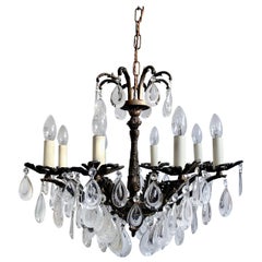 Early 1900s Ornate Brass Chandelier with Flat Pear Drops with Frosted Details