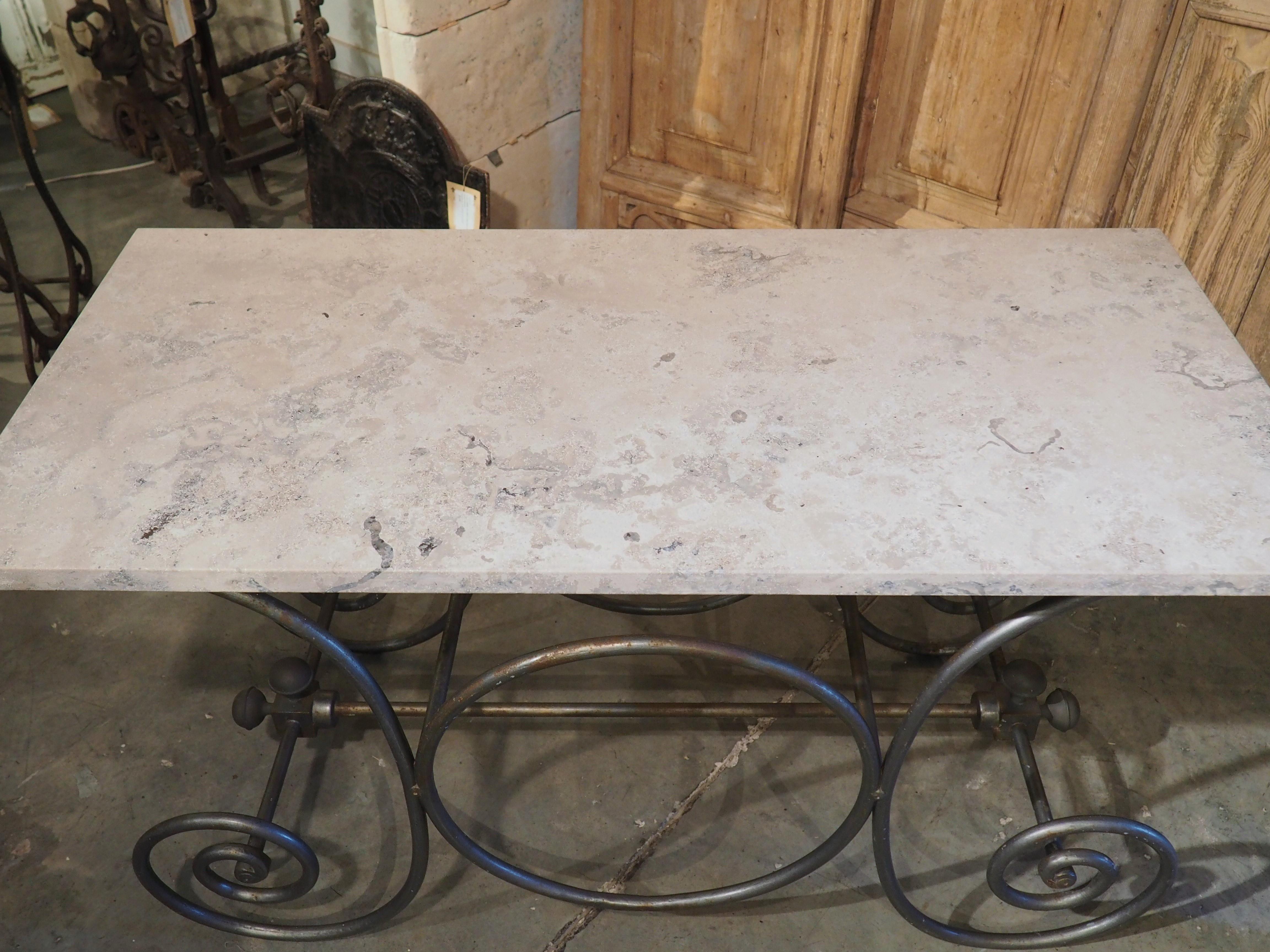 Early 1900s Painted French Iron Pastry Table with Jura Blue Grey Limestone Top 5