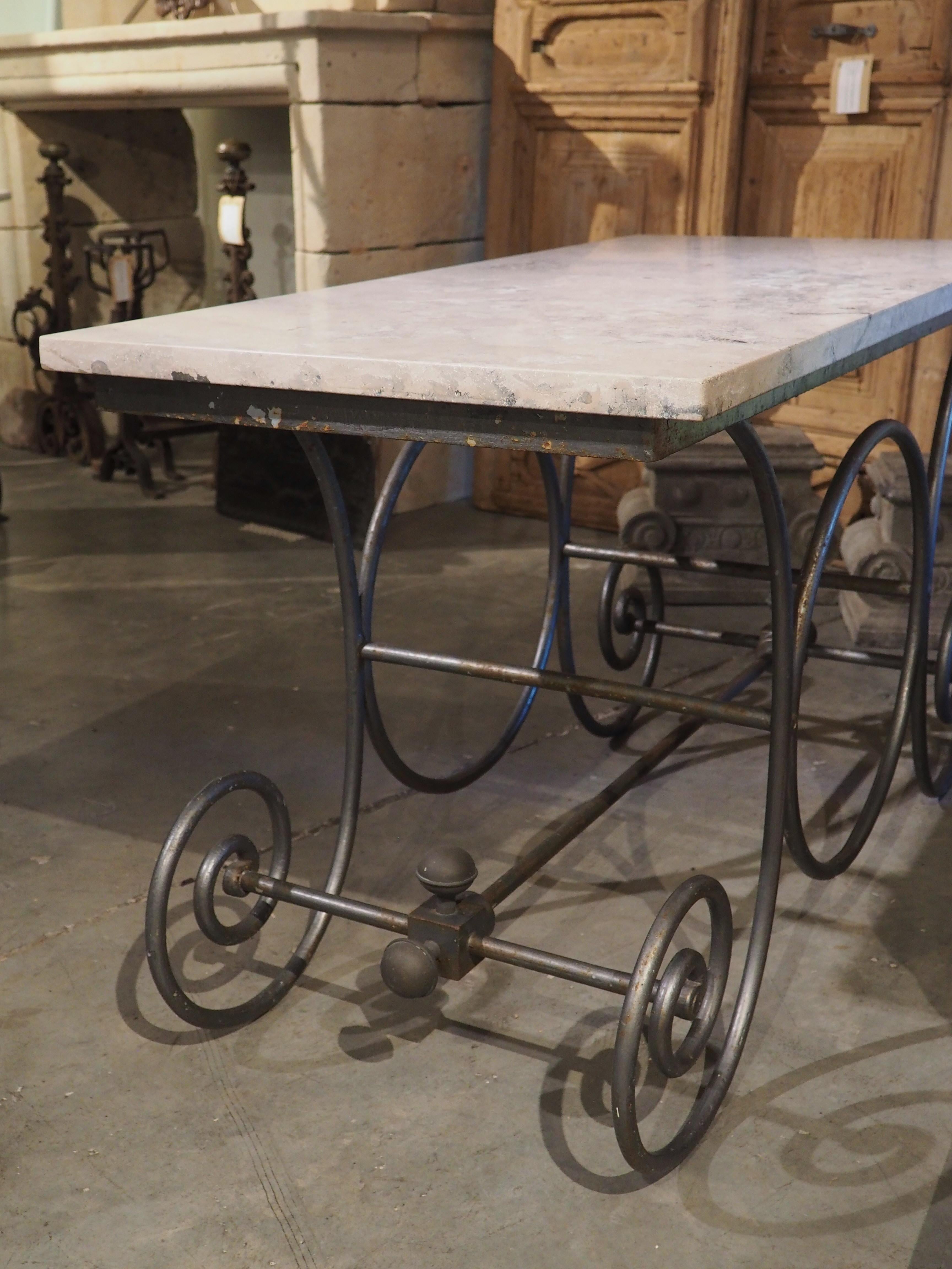 Early 1900s Painted French Iron Pastry Table with Jura Blue Grey Limestone Top 6