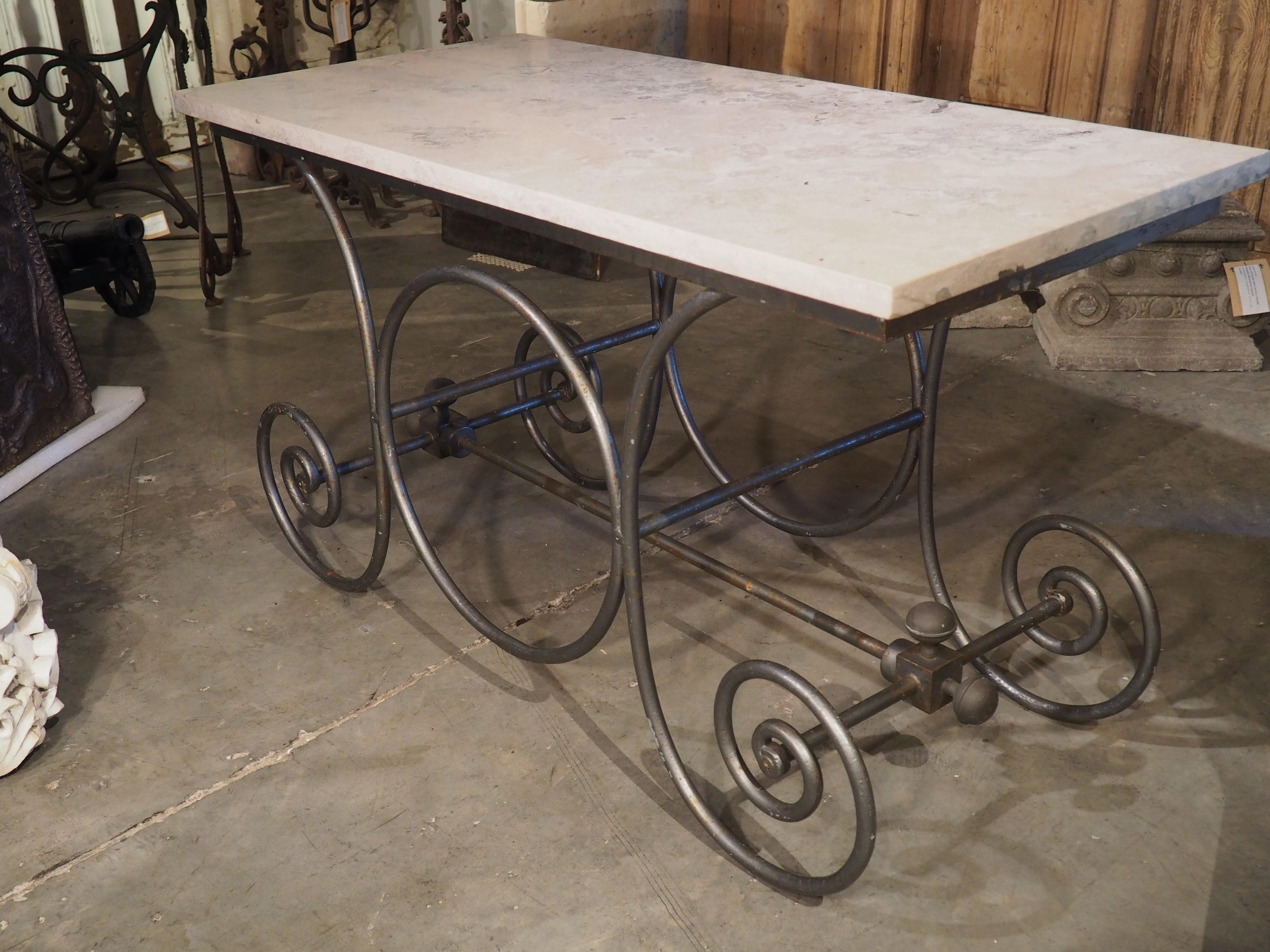 Early 1900s Painted French Iron Pastry Table with Jura Blue Grey Limestone Top 8