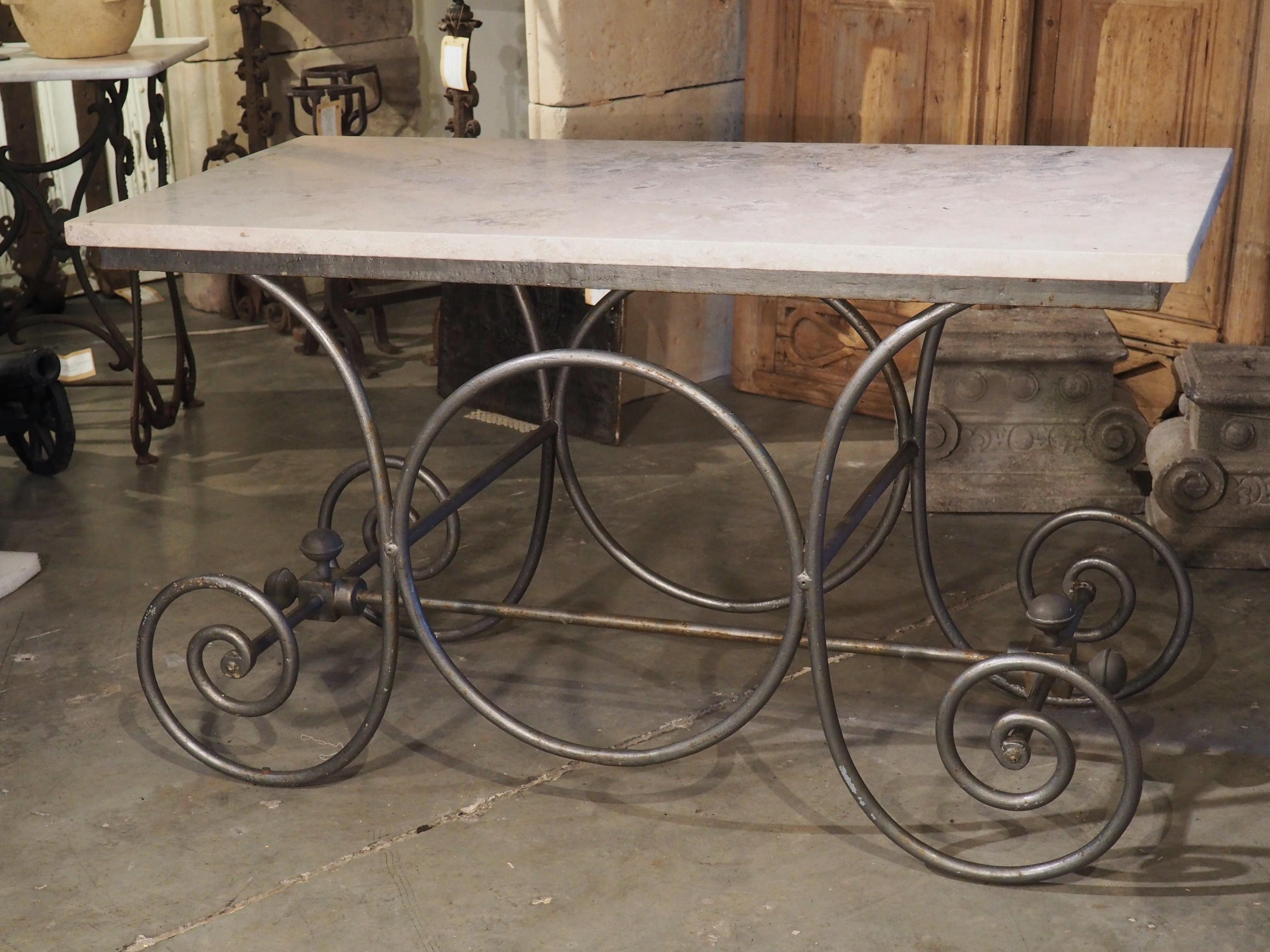Early 1900s Painted French Iron Pastry Table with Jura Blue Grey Limestone Top 12