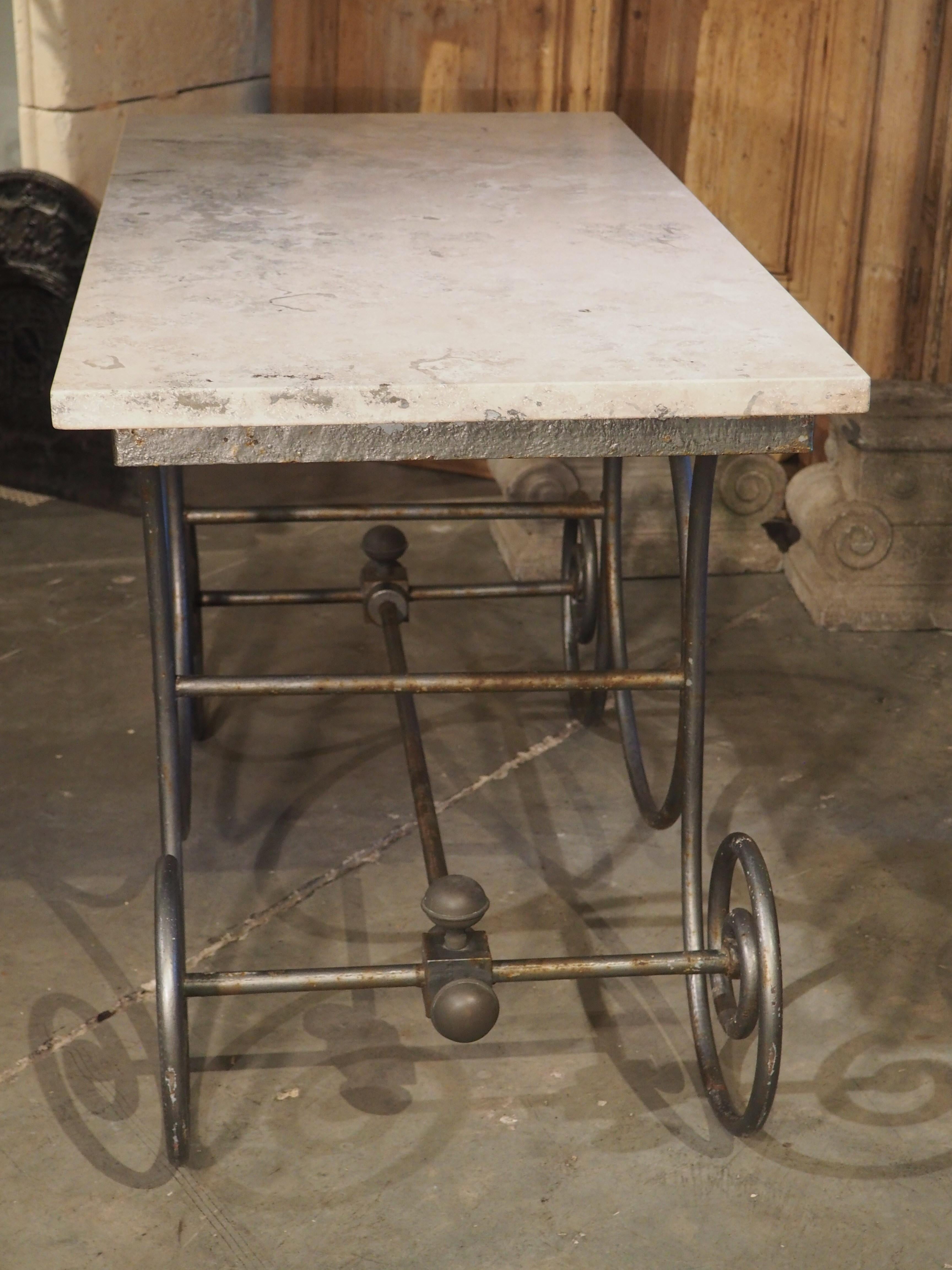 Early 1900s Painted French Iron Pastry Table with Jura Blue Grey Limestone Top 14