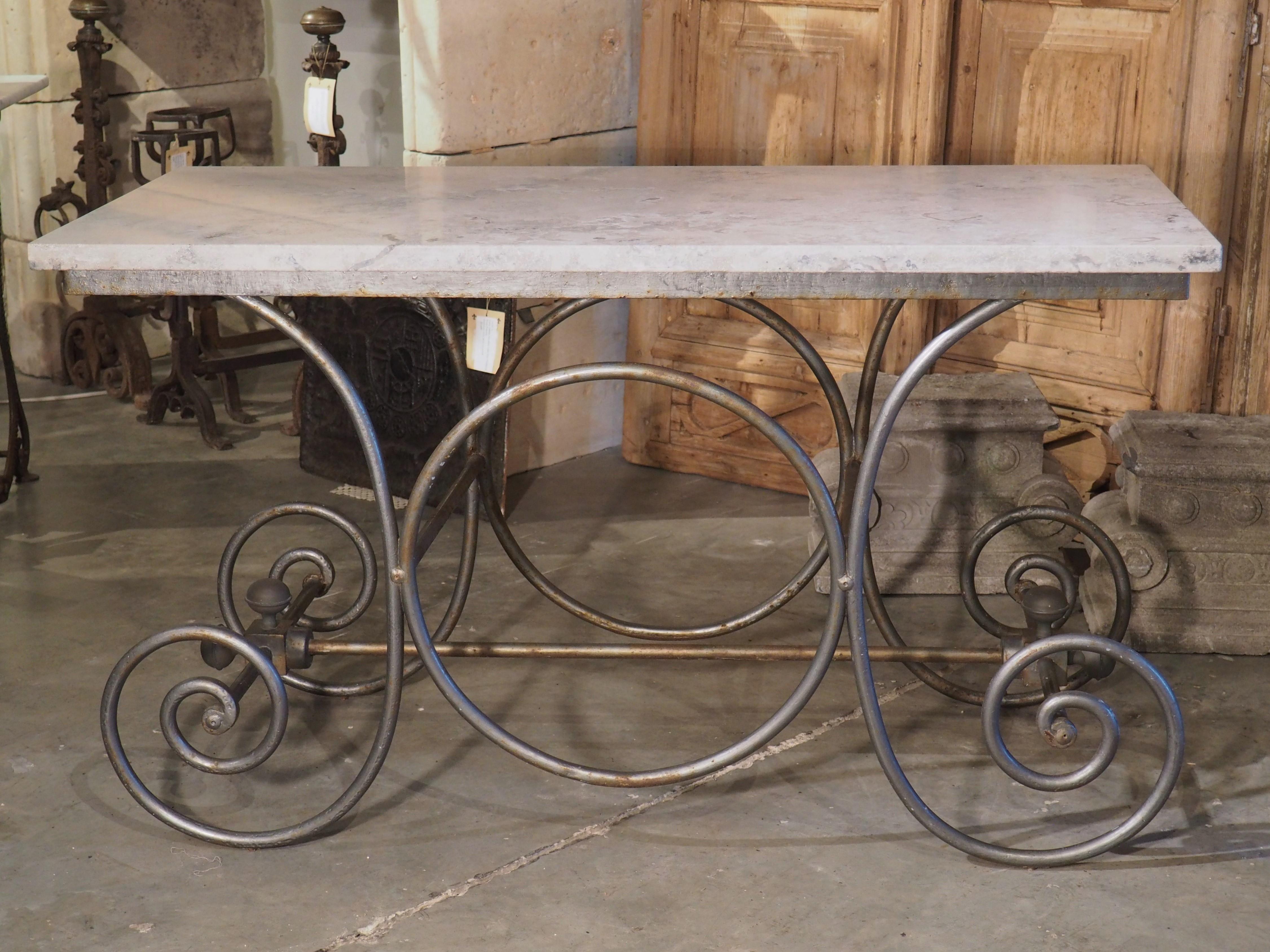Early 1900s Painted French Iron Pastry Table with Jura Blue Grey Limestone Top In Good Condition In Dallas, TX