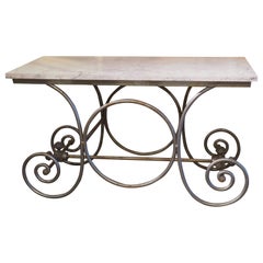 Early 1900s Painted French Iron Pastry Table with Jura Blue Grey Limestone Top