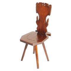 1900s Pair Antique Tyrolean Stool Chair in Hand-Carved Walnut Wax Polished