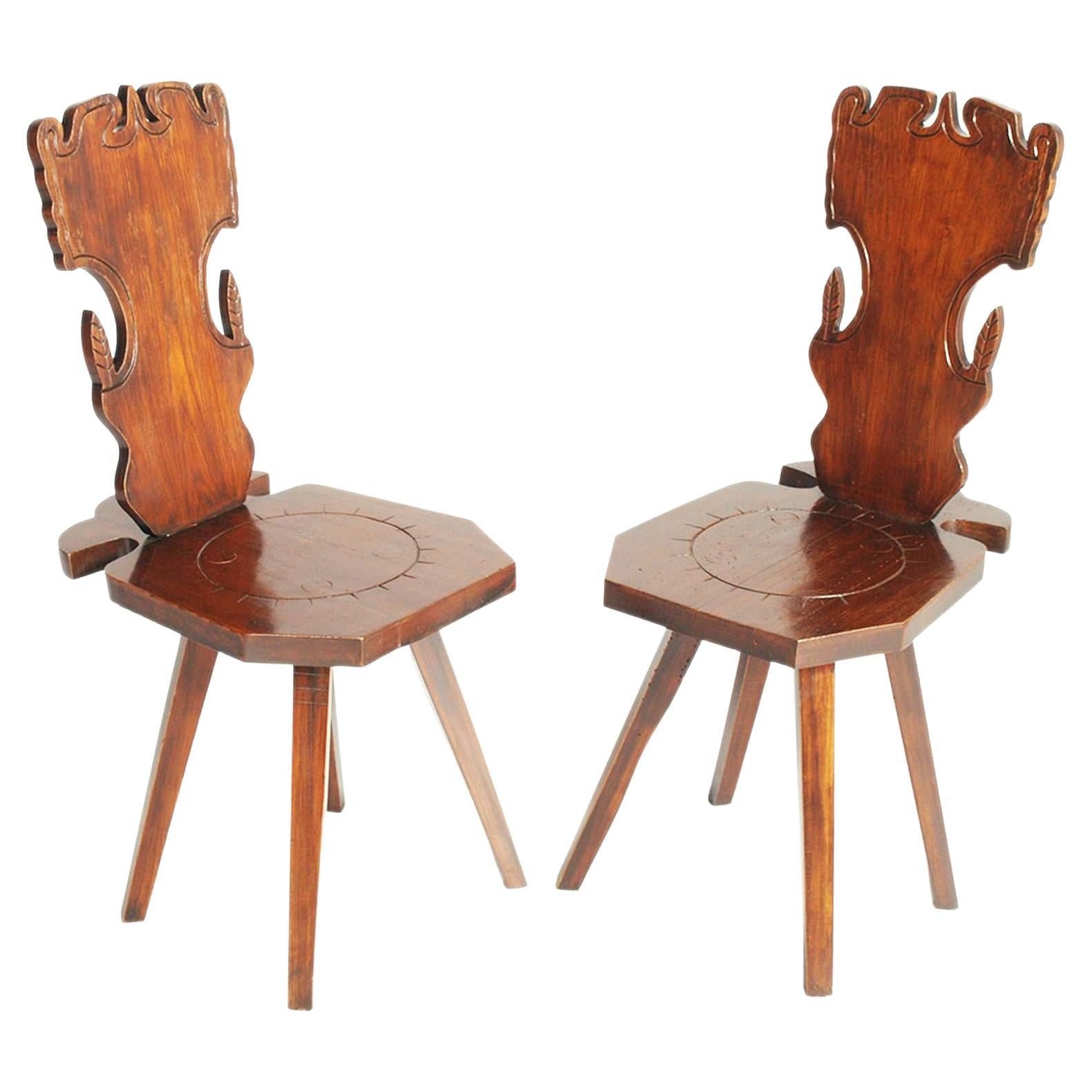 Early 1900s Pair Antique Tyrolean Stool Chair in Hand-Carved Walnut Wax Polished
