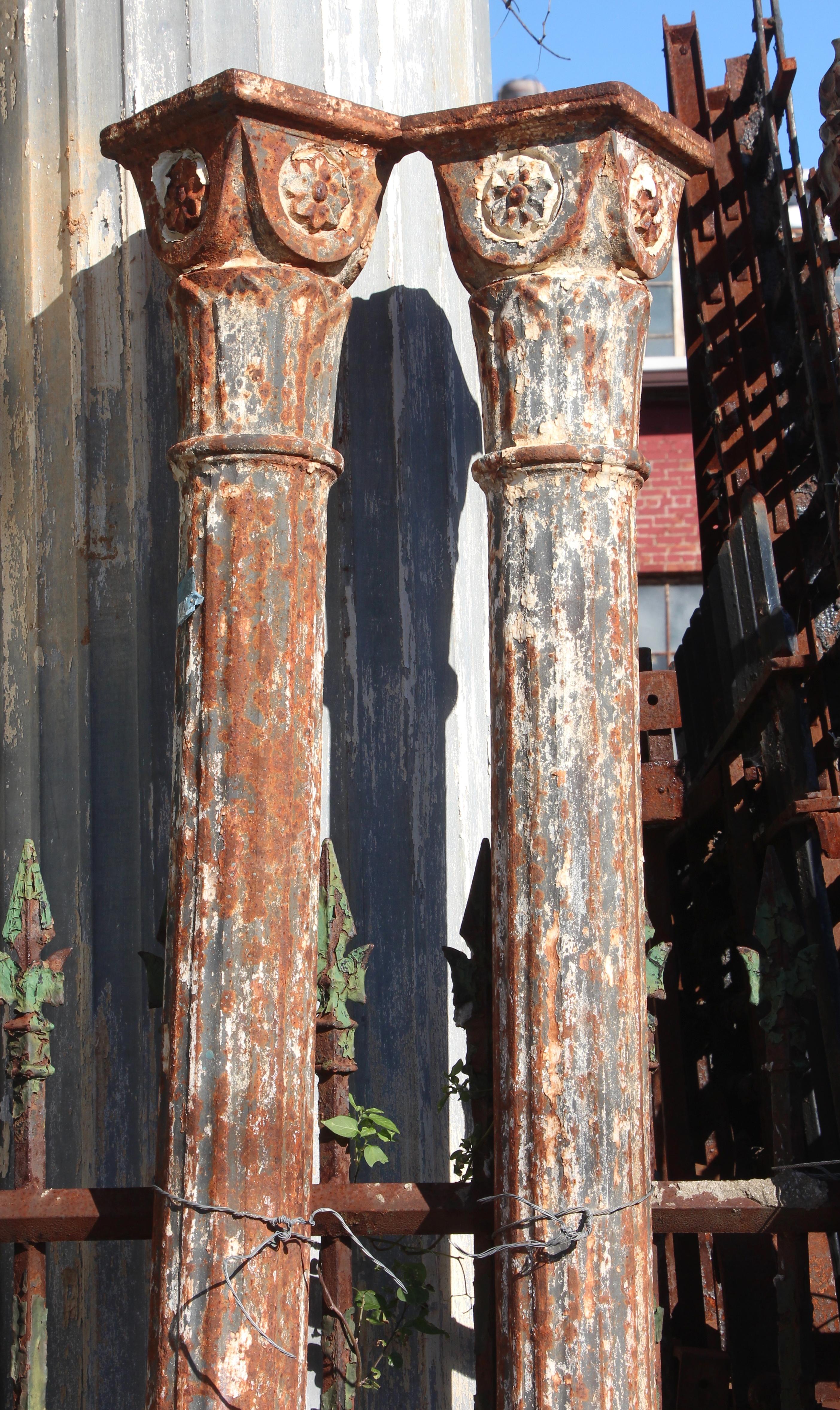 Early 1900s Pair of Fluted Cast Iron Structural Columns w/ Floral