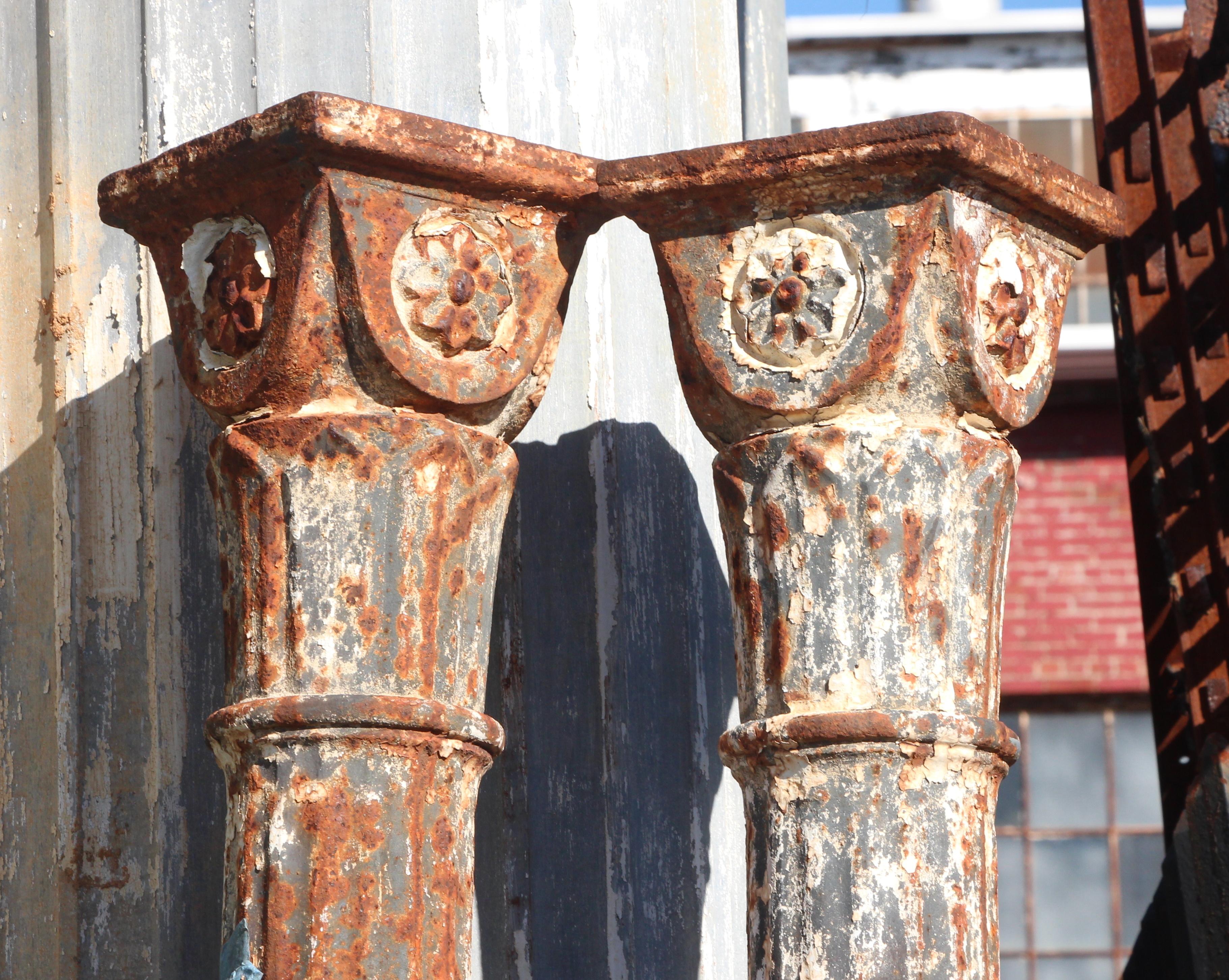 Early 1900s Pair of Fluted Cast Iron Structural Columns w/ Floral