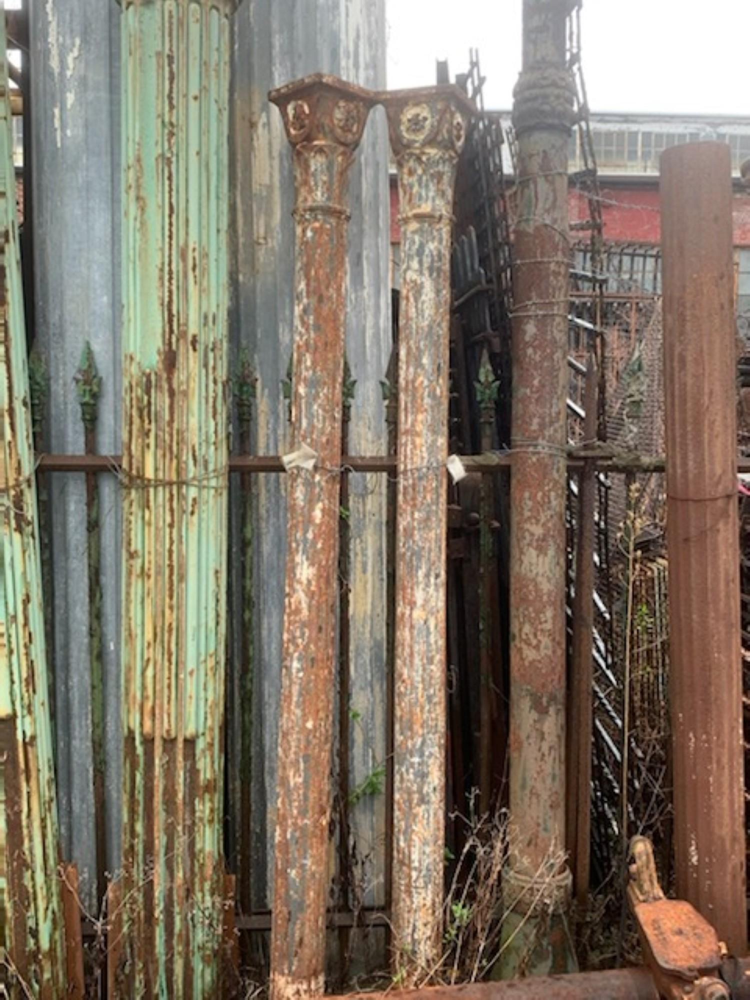 Early 1900s Pair of Fluted Cast Iron Structural Columns w/ Floral