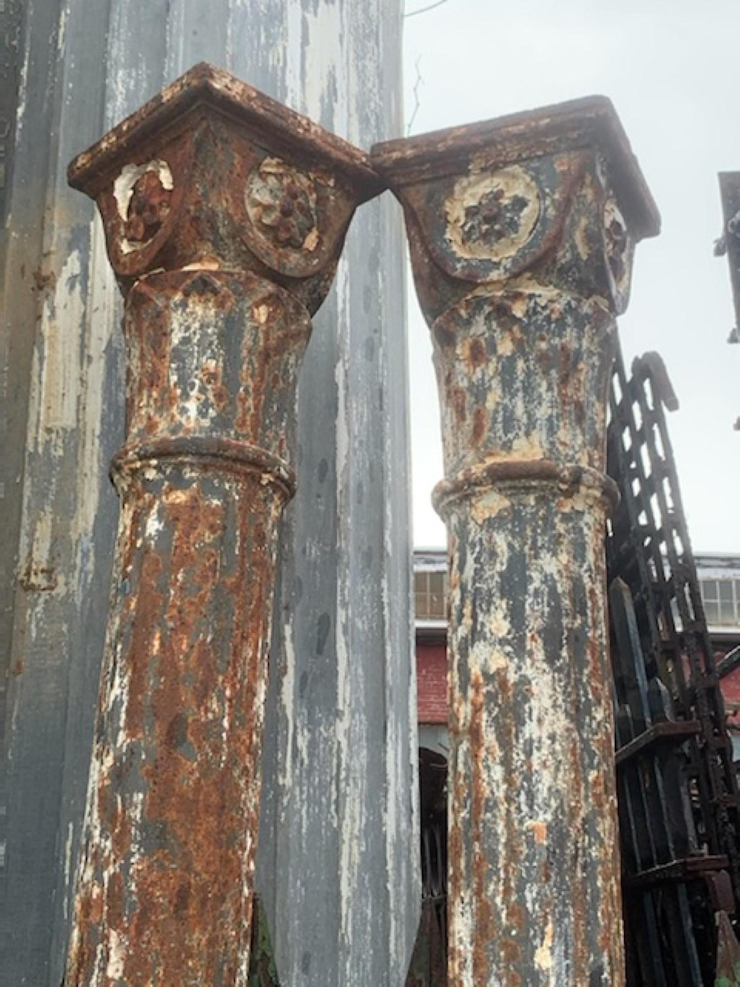 Early 1900s Pair of Fluted Cast Iron Structural Columns w/ Floral
