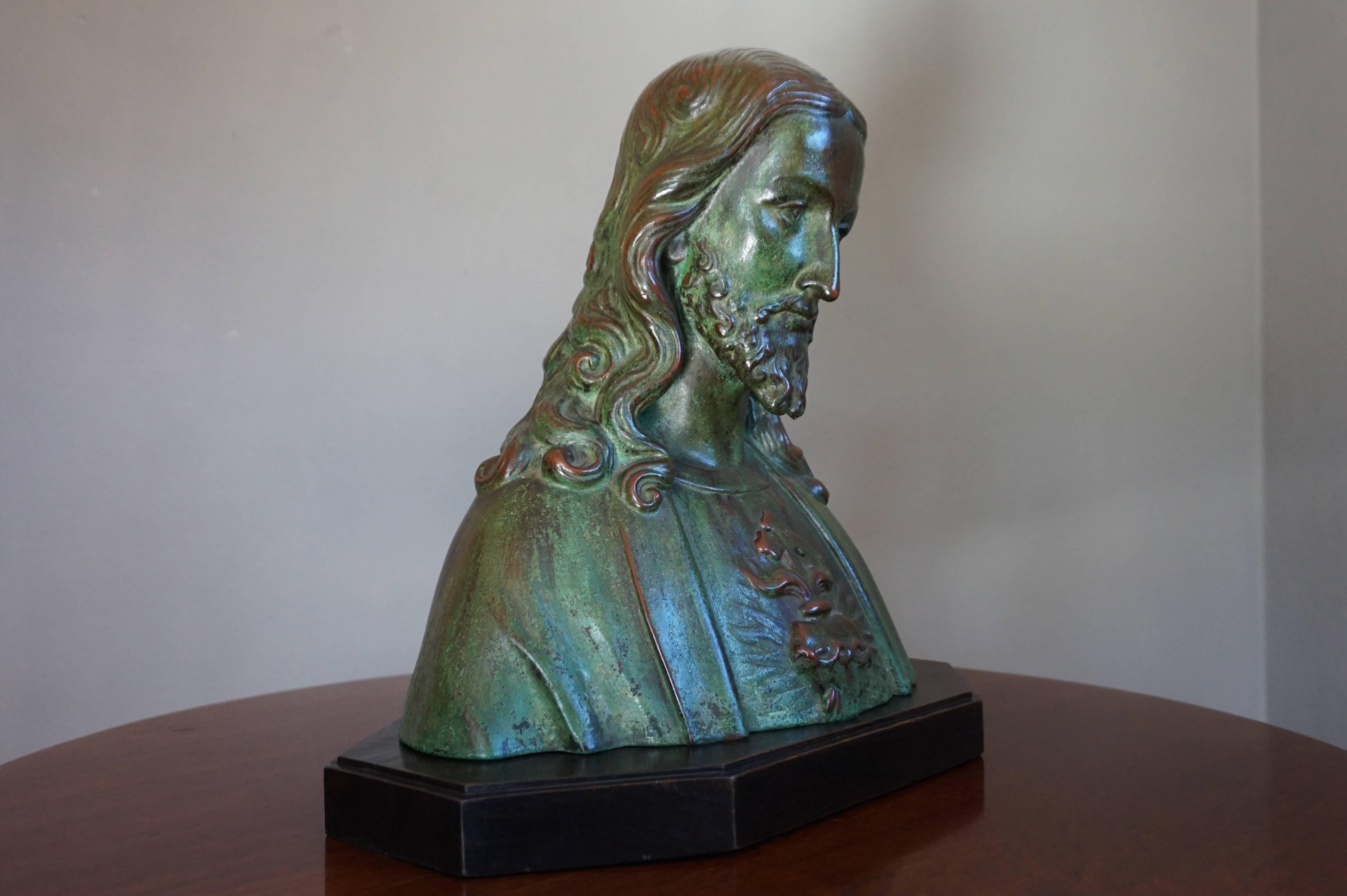 Early 1900s Patinated Terracotta or Plaster Bust of Christ on an Art Deco Base 4