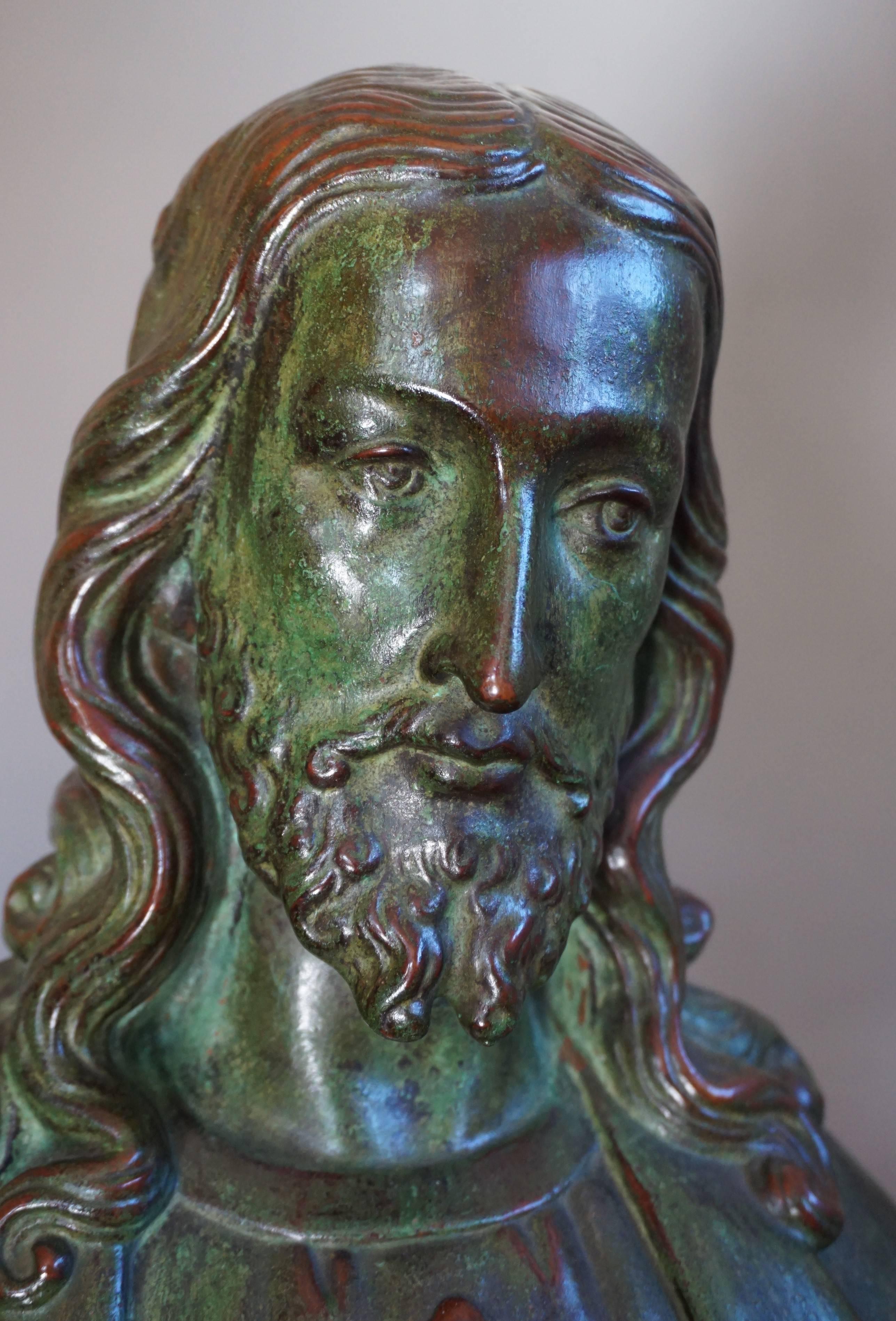 Early 1900s Patinated Terracotta or Plaster Bust of Christ on an Art Deco Base 5