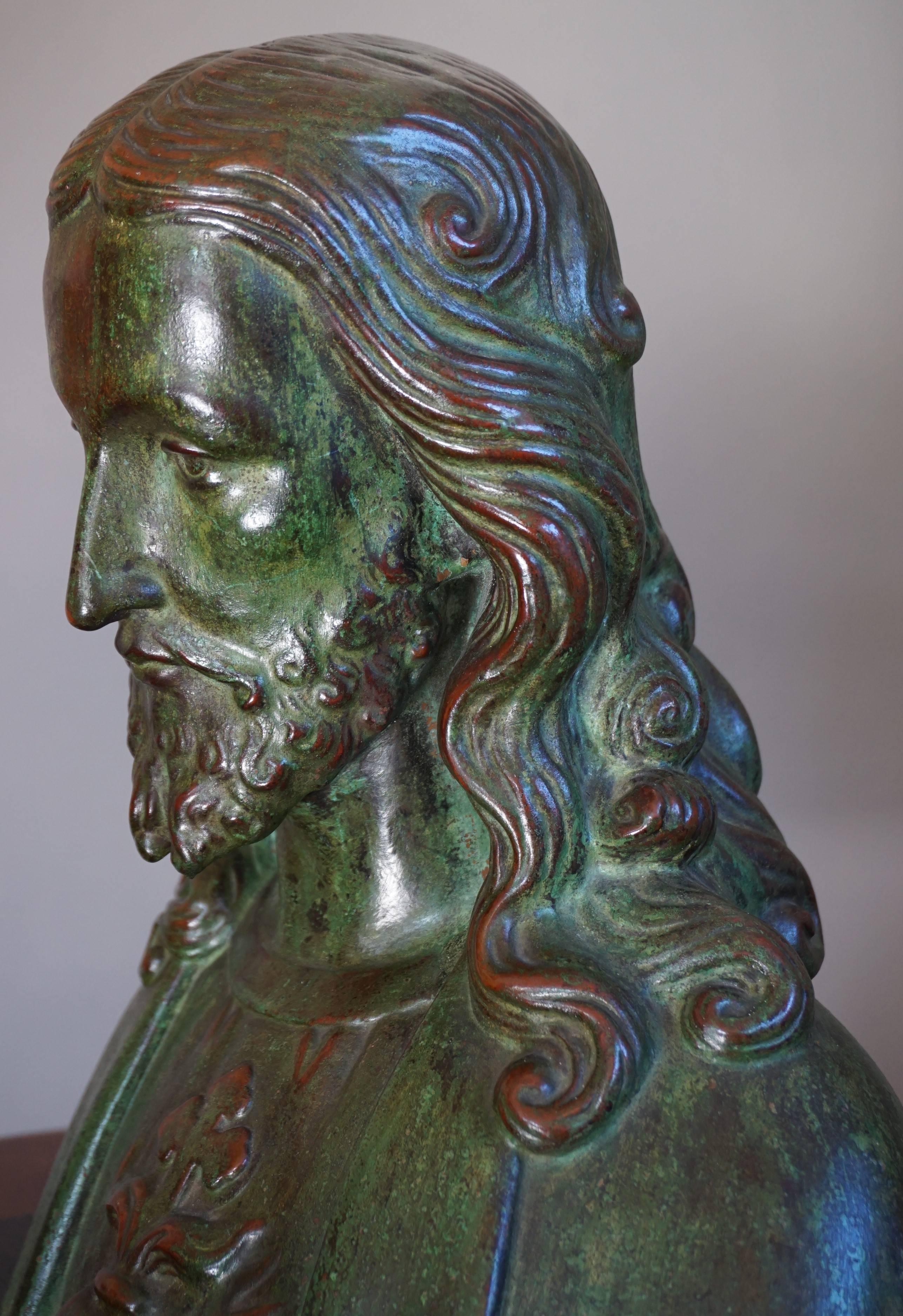 Early 1900s Patinated Terracotta or Plaster Bust of Christ on an Art Deco Base 6