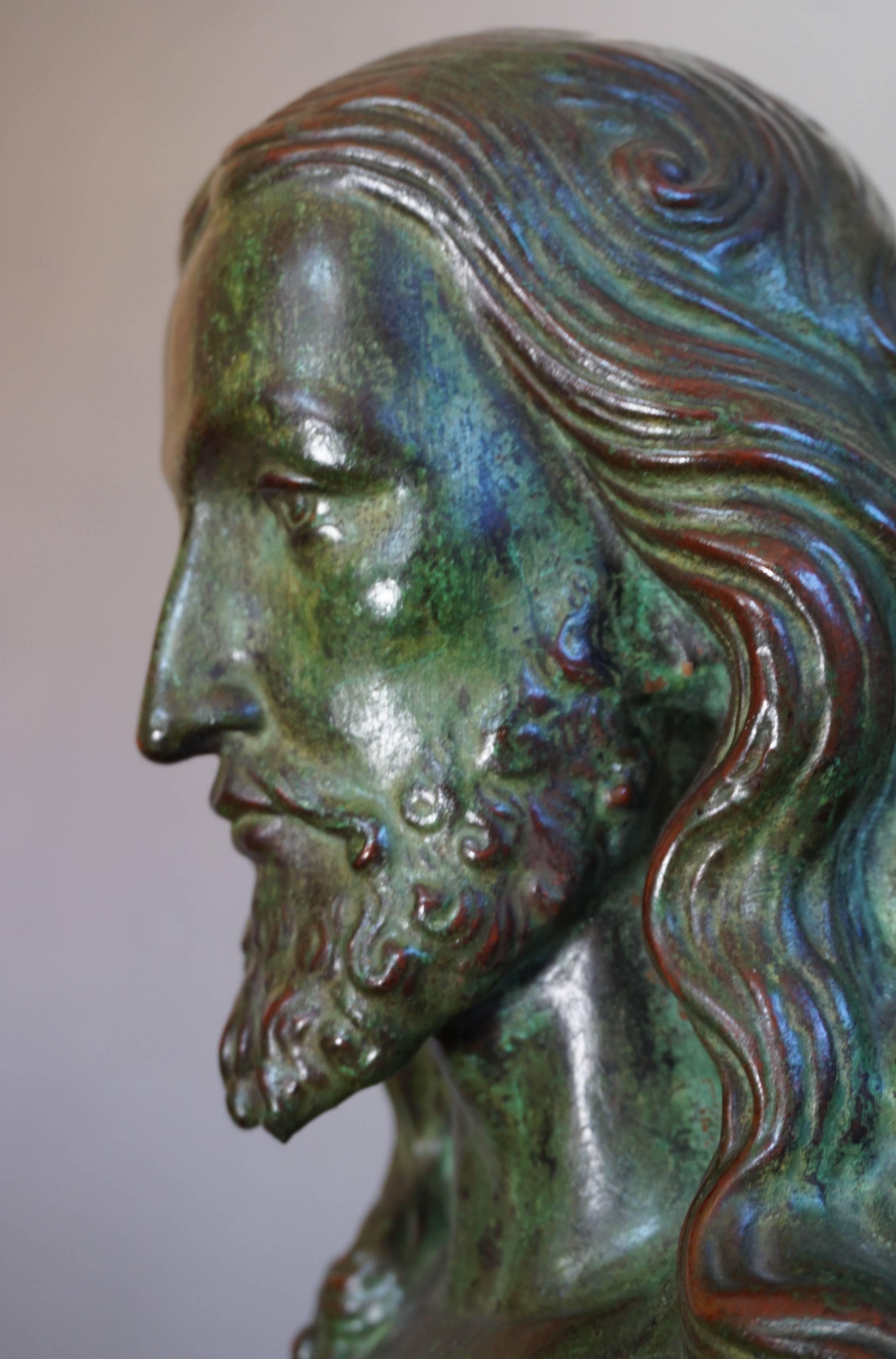 Early 1900s Patinated Terracotta or Plaster Bust of Christ on an Art Deco Base 7