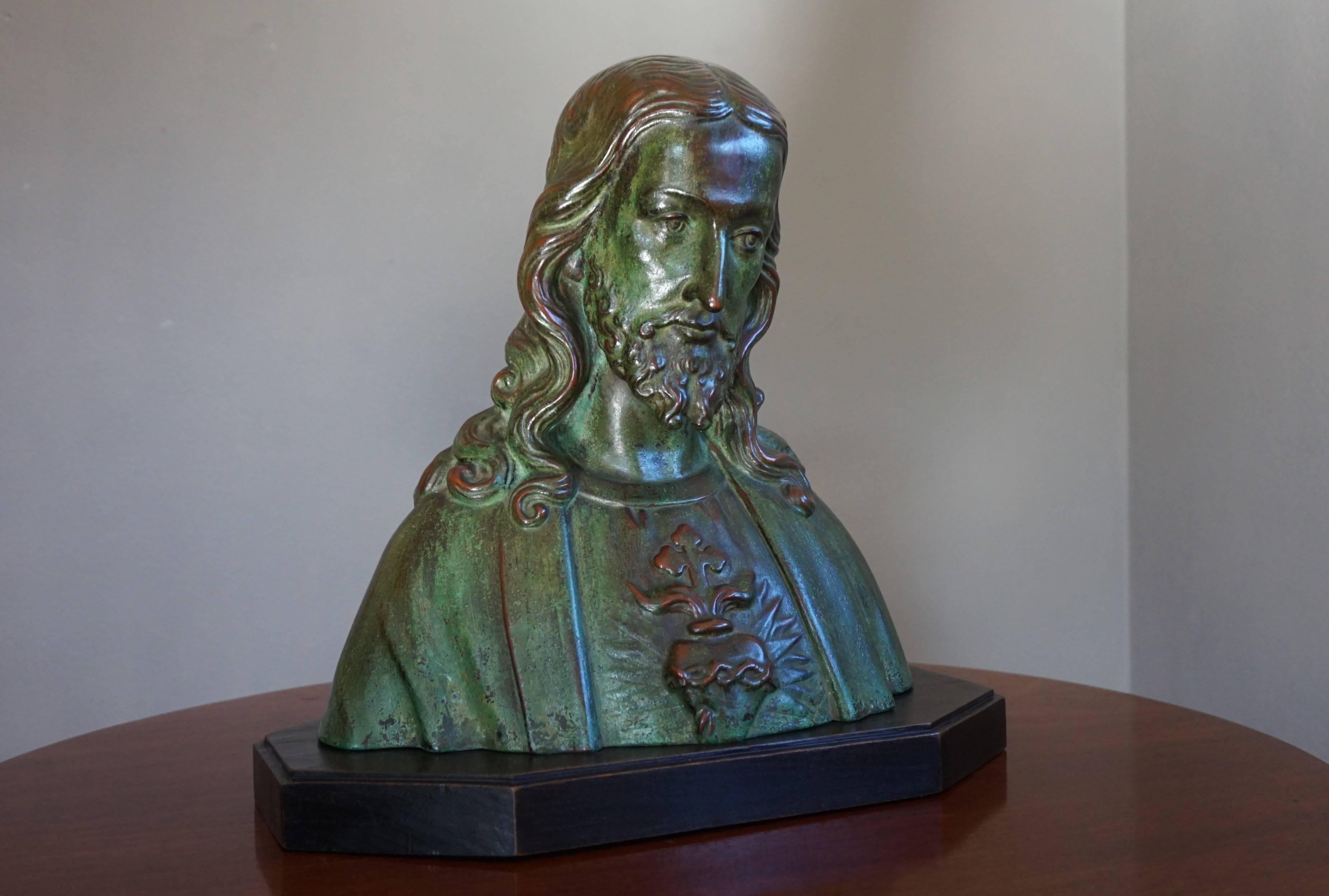 Early 1900s Patinated Terracotta or Plaster Bust of Christ on an Art Deco Base 8