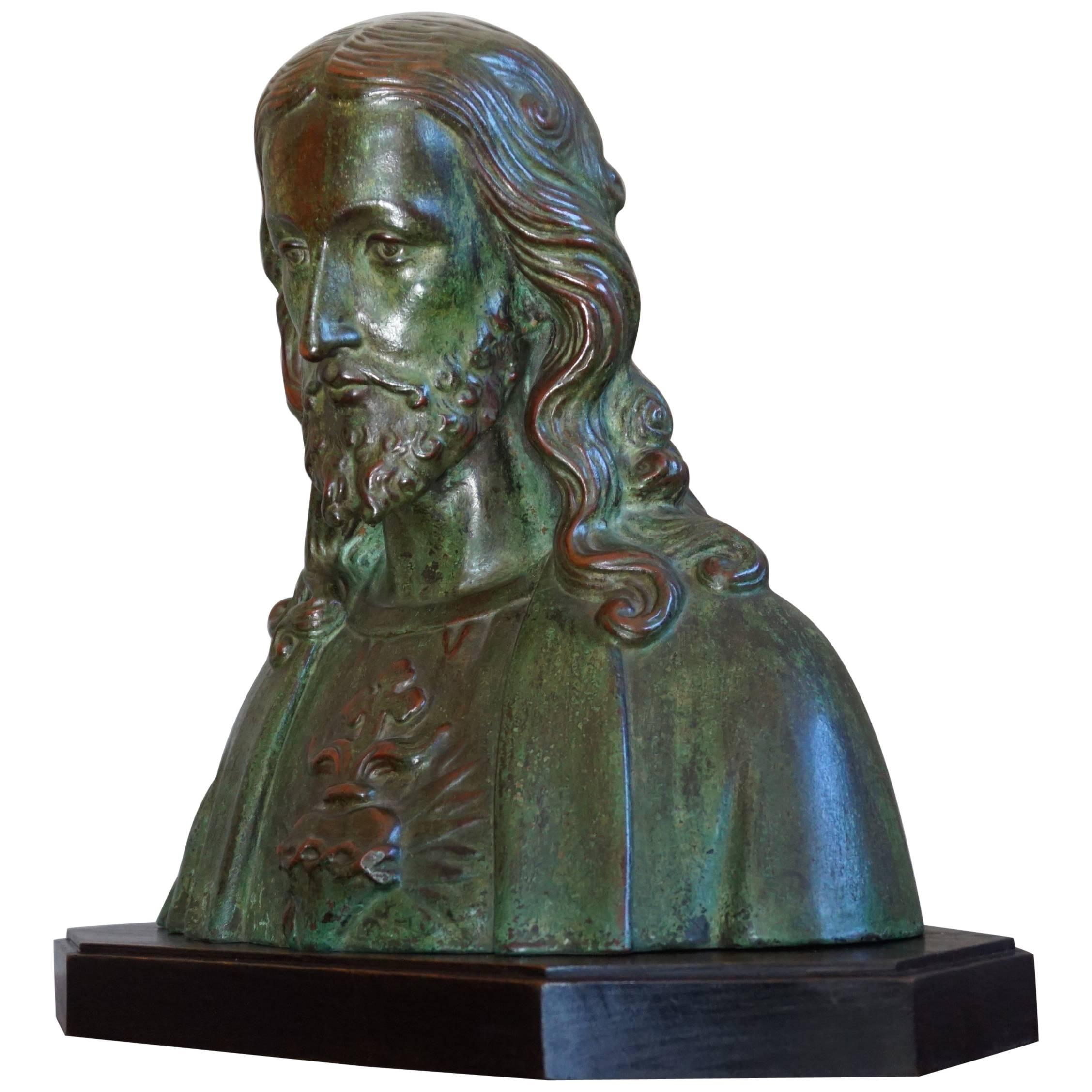 Early 1900s Patinated Terracotta or Plaster Bust of Christ on an Art Deco Base