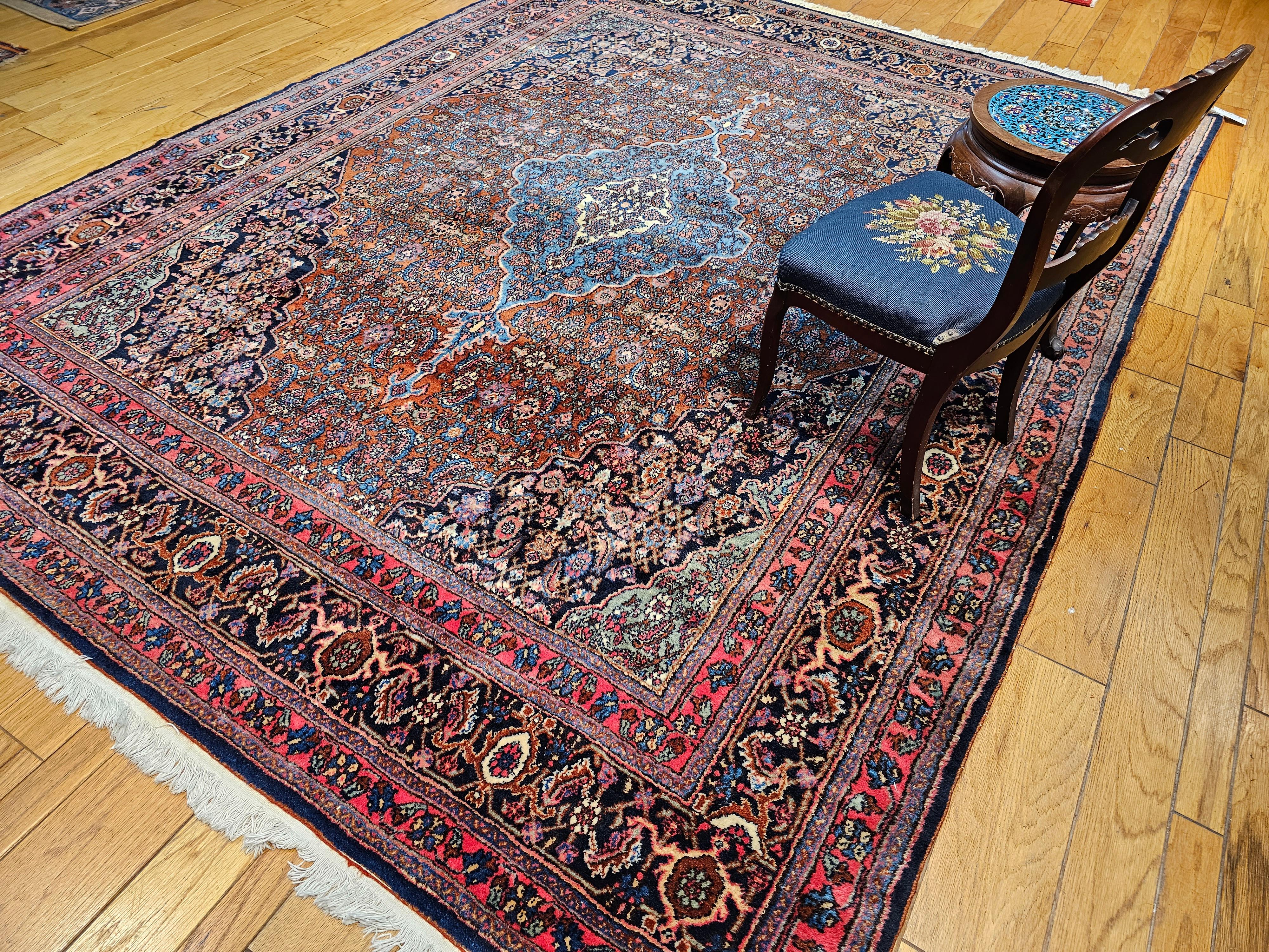 Early 1900s Persian Bibikabad in Herati Pattern in Rust Red, French Blue, Green For Sale 9